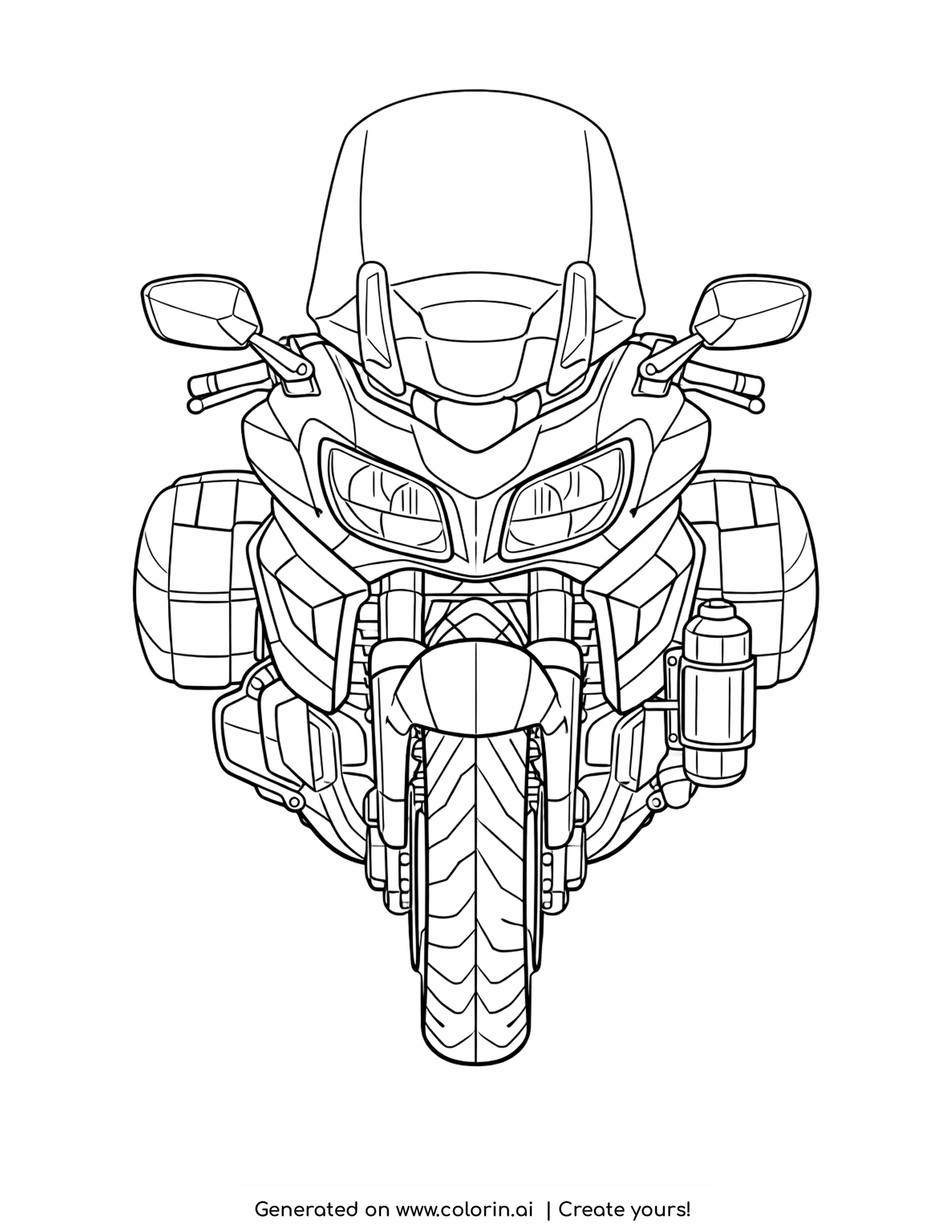 detailed touring motorcycle coloring pages - touring motorcycle seen from the front with a tall windshield, panniers and mirrors