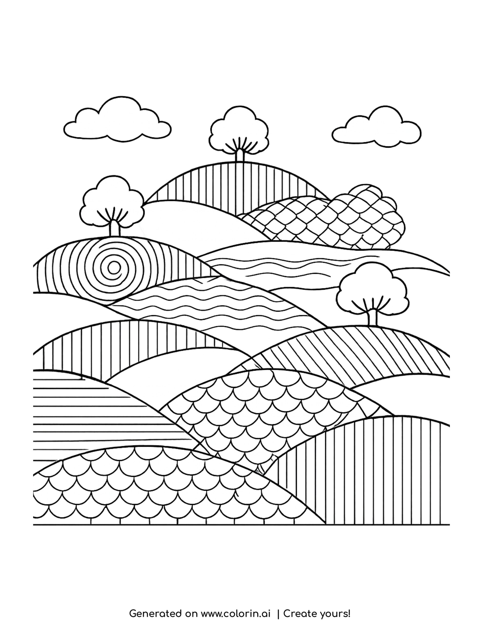 patterned rolling hills with trees coloring page with simple clouds and flowing lines