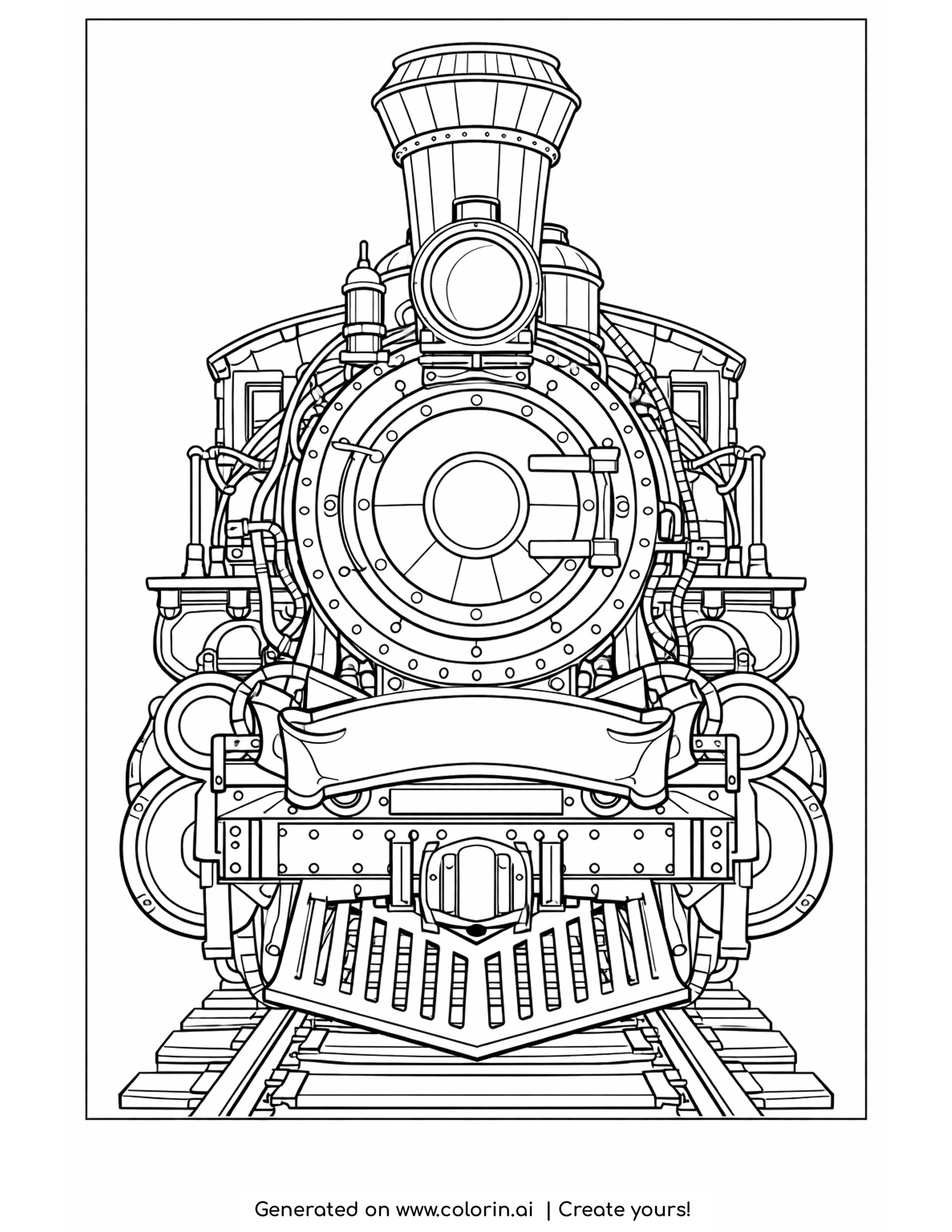 detailed steam locomotive coloring pages: a head on steam engine with a riveted smokebox door, flared stack and name banner