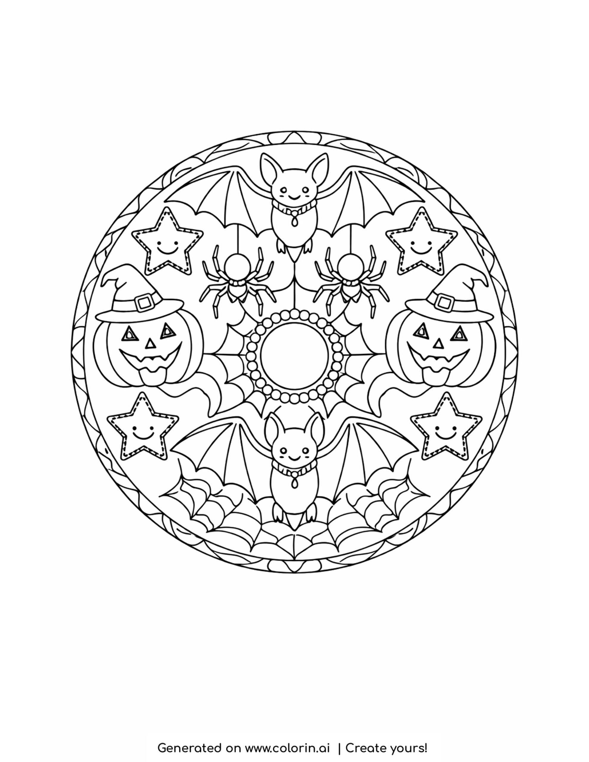 halloween mandala coloring pages, a circular mandala of repeating bats, pumpkins, spiders, and stars