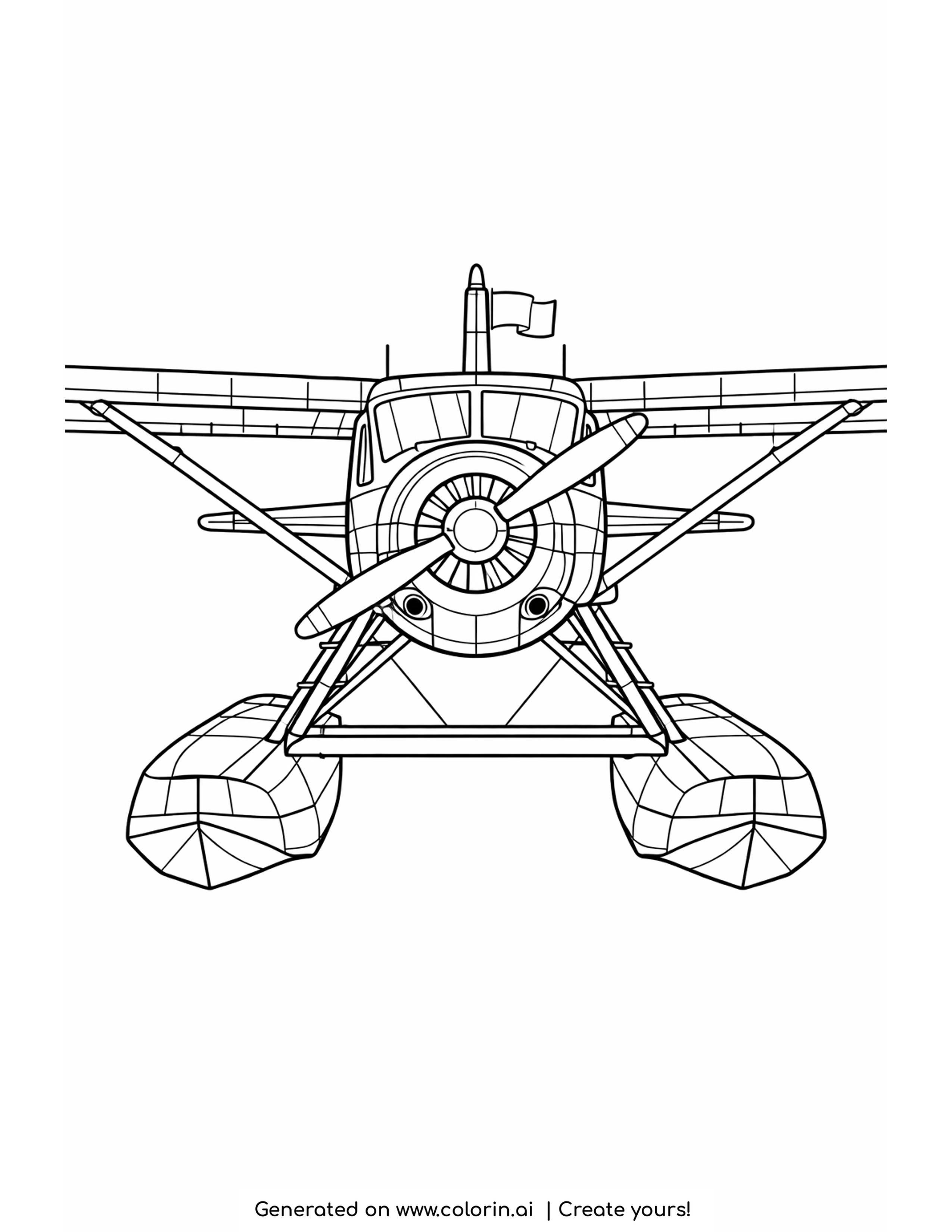 detailed seaplane coloring pages — head on seaplane standing on two pontoon floats with braced struts