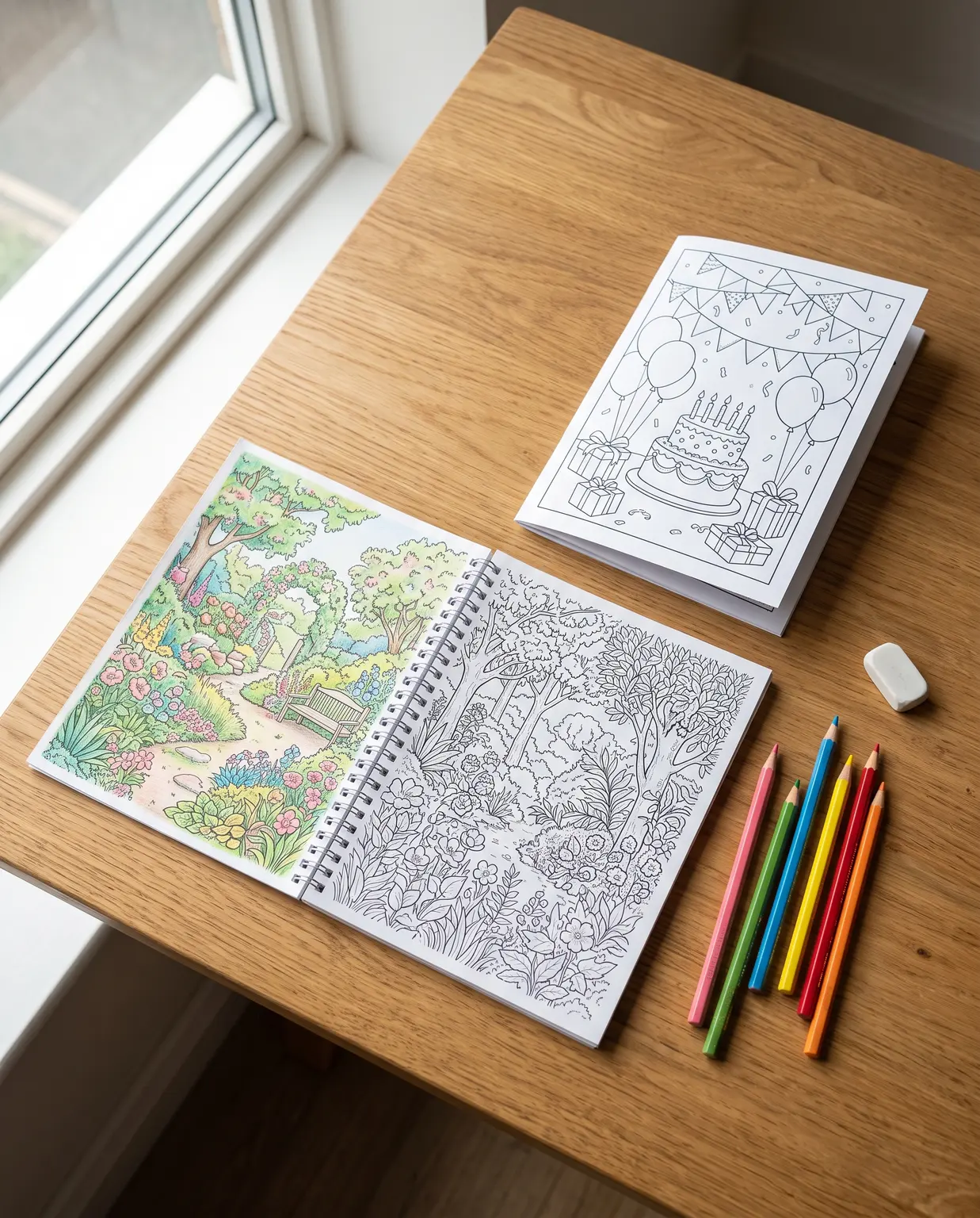 A spiral bound coloring book lying open and flat on a desk with one page already colored in, and a stapled booklet standing beside it with colored pencils