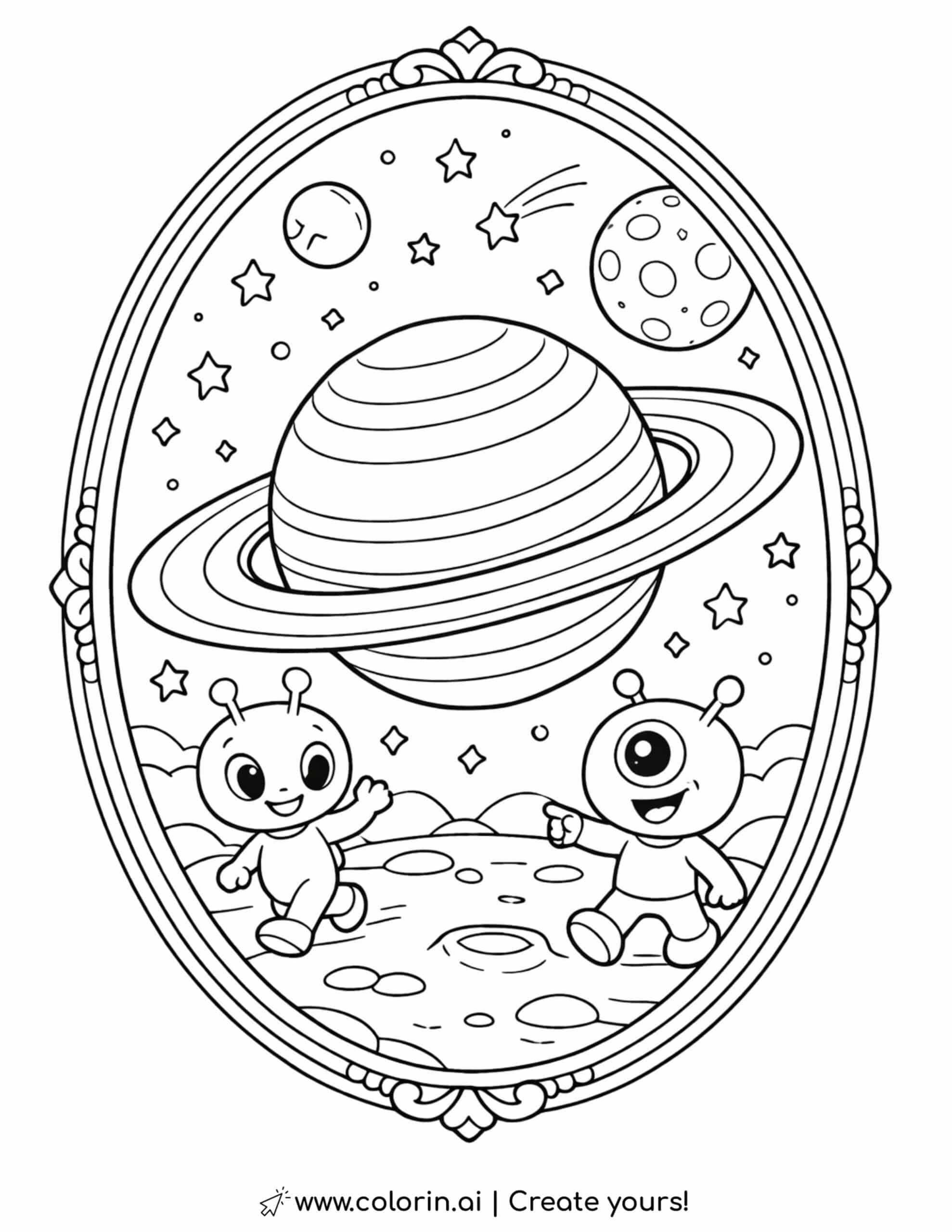cute aliens under ringed planet in decorative frame coloring page