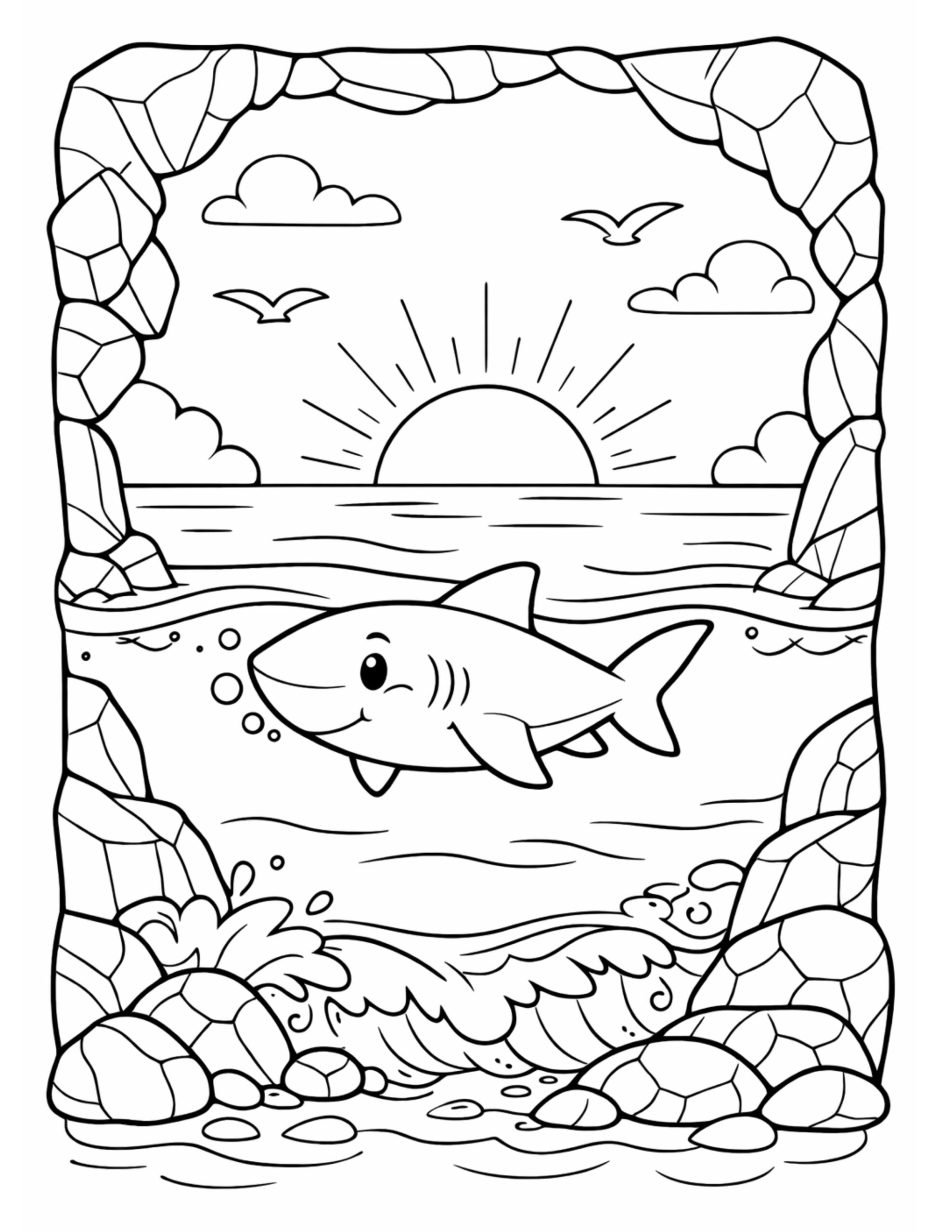 smiling shark swimming at sunset between rocky cliffs coloring page