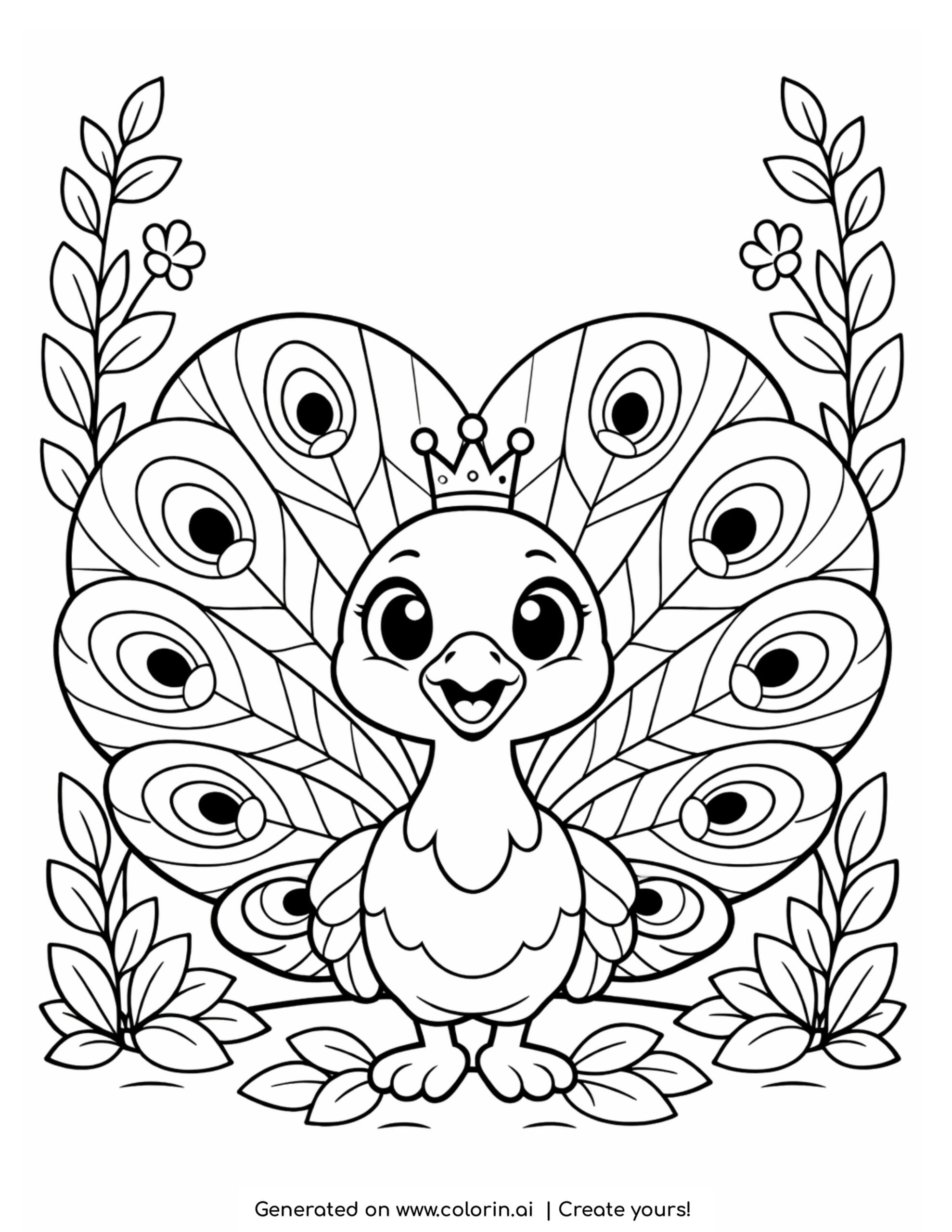 peacock coloring pages, a peacock with a heart-shaped tail of feathers