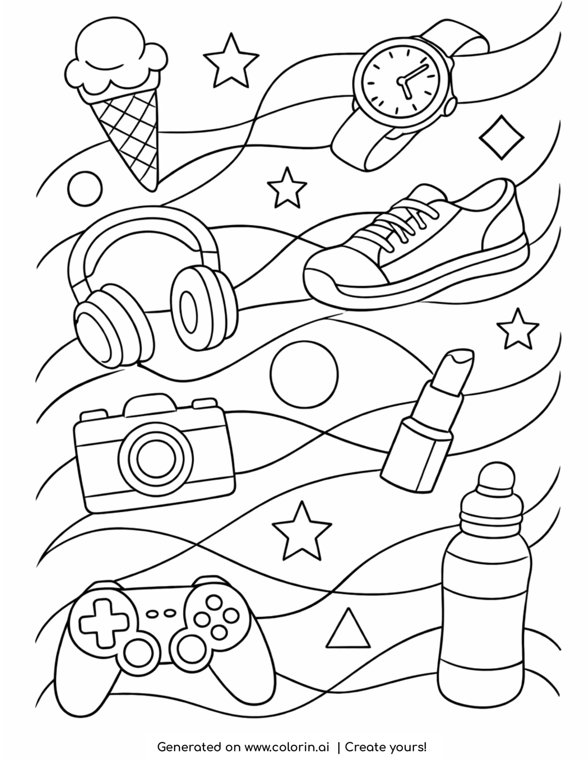 lipstick among lifestyle objects coloring page with shoes headphones and accessories