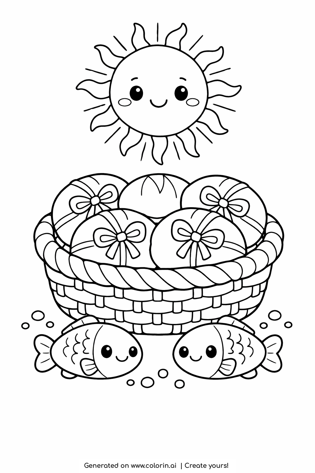 bible coloring pages for toddlers, woven basket of loaves with bows and two smiling fish under a sun