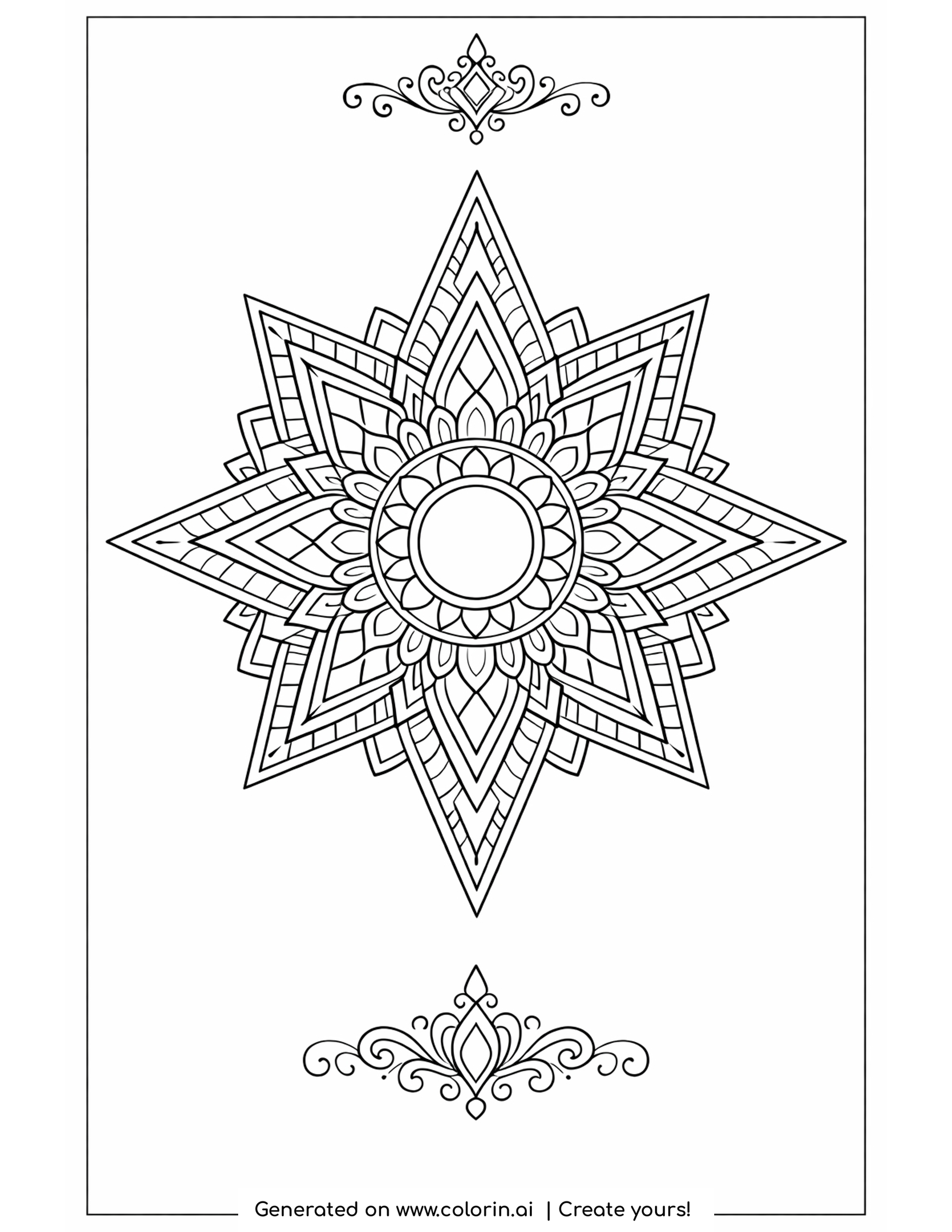 winter coloring pages for adults, an ornate eight-pointed star snowflake with a floral center