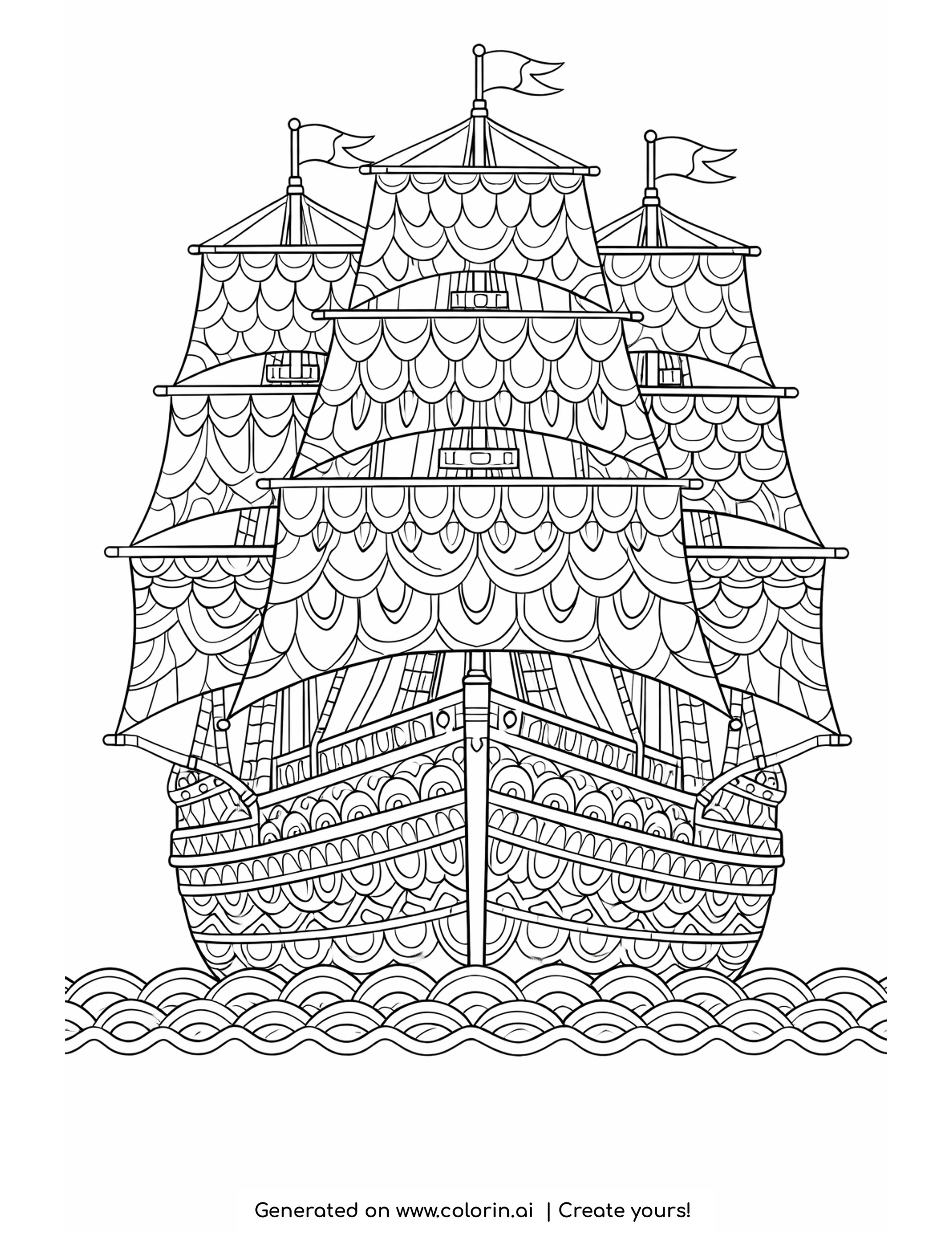 boat mandala coloring pages — three masted sailing ship with layered scale patterned sails and nested arches on the hull