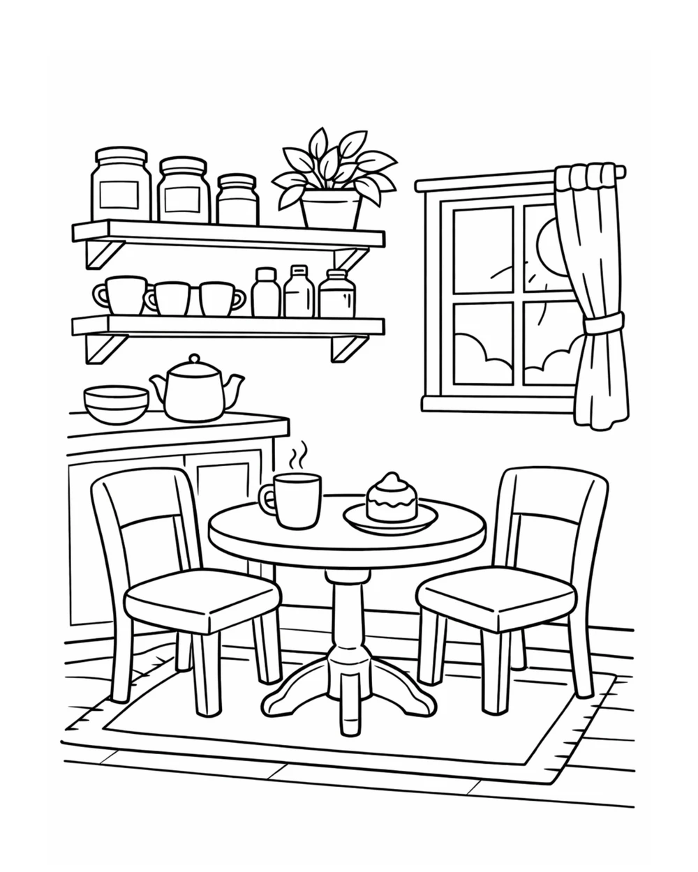 Coloring page of a kitchen table with a cupcake, a plank floor and a striped rug, intermediate difficulty, for adults