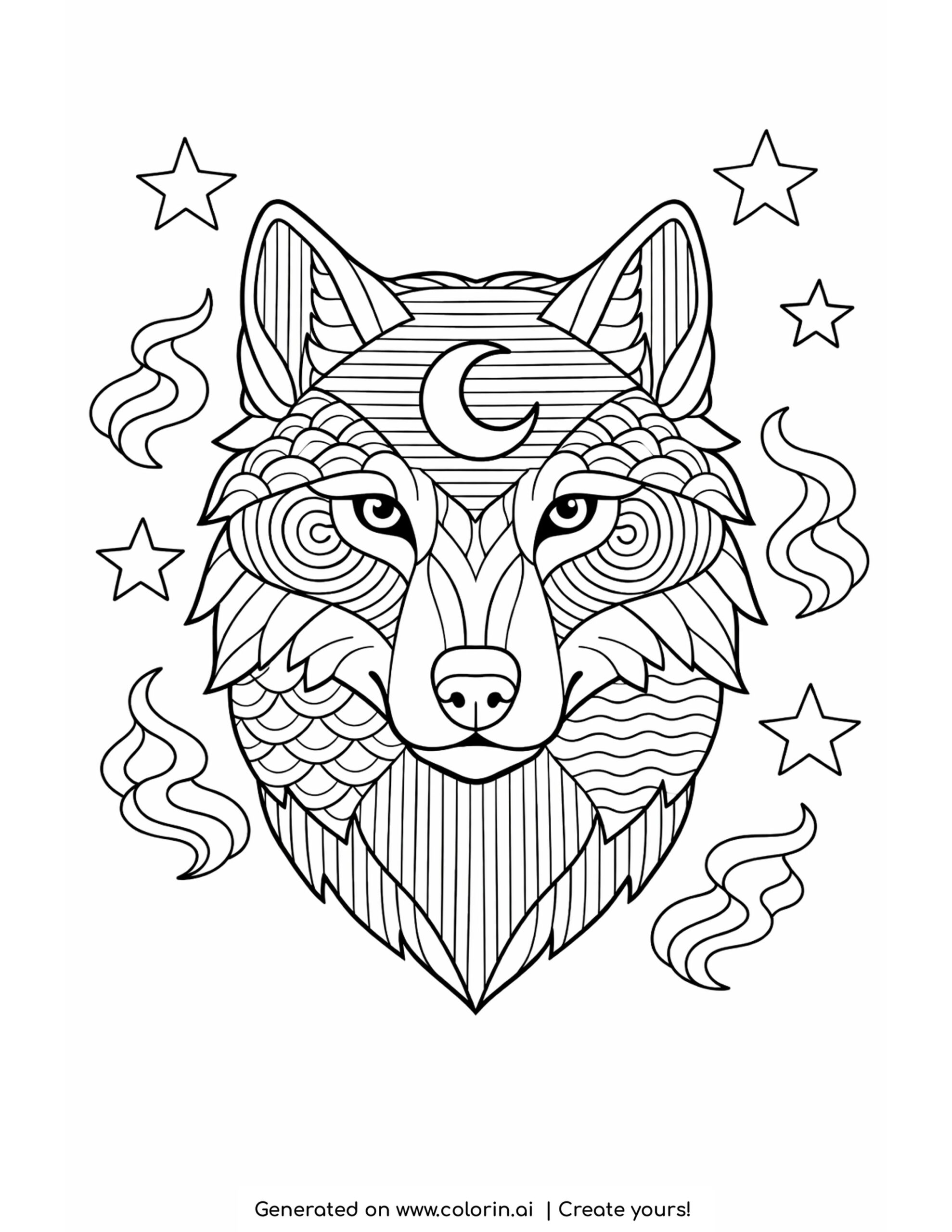 wolf face with moon and stars detailed pattern coloring page