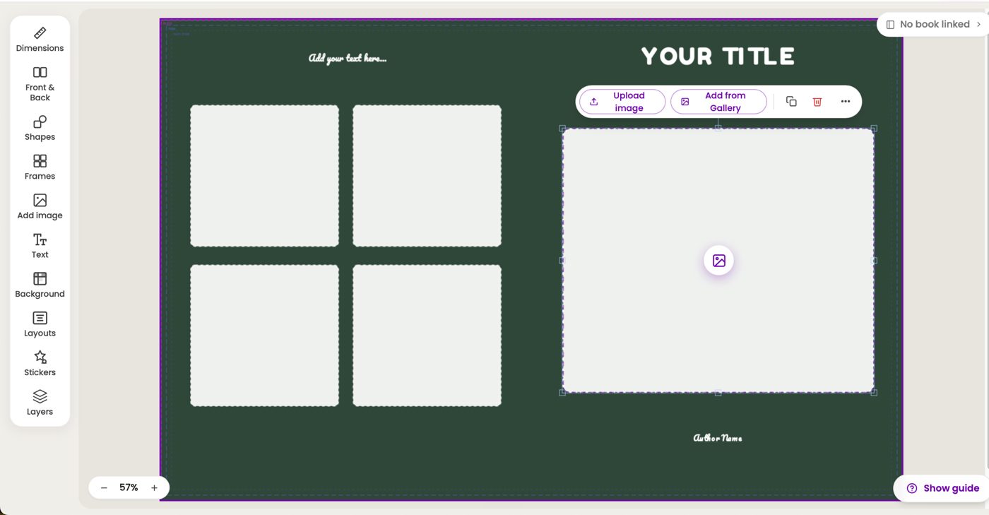 A Colorin AI cover template with YOUR TITLE at the top of the front and a large frame for the coloring page below it