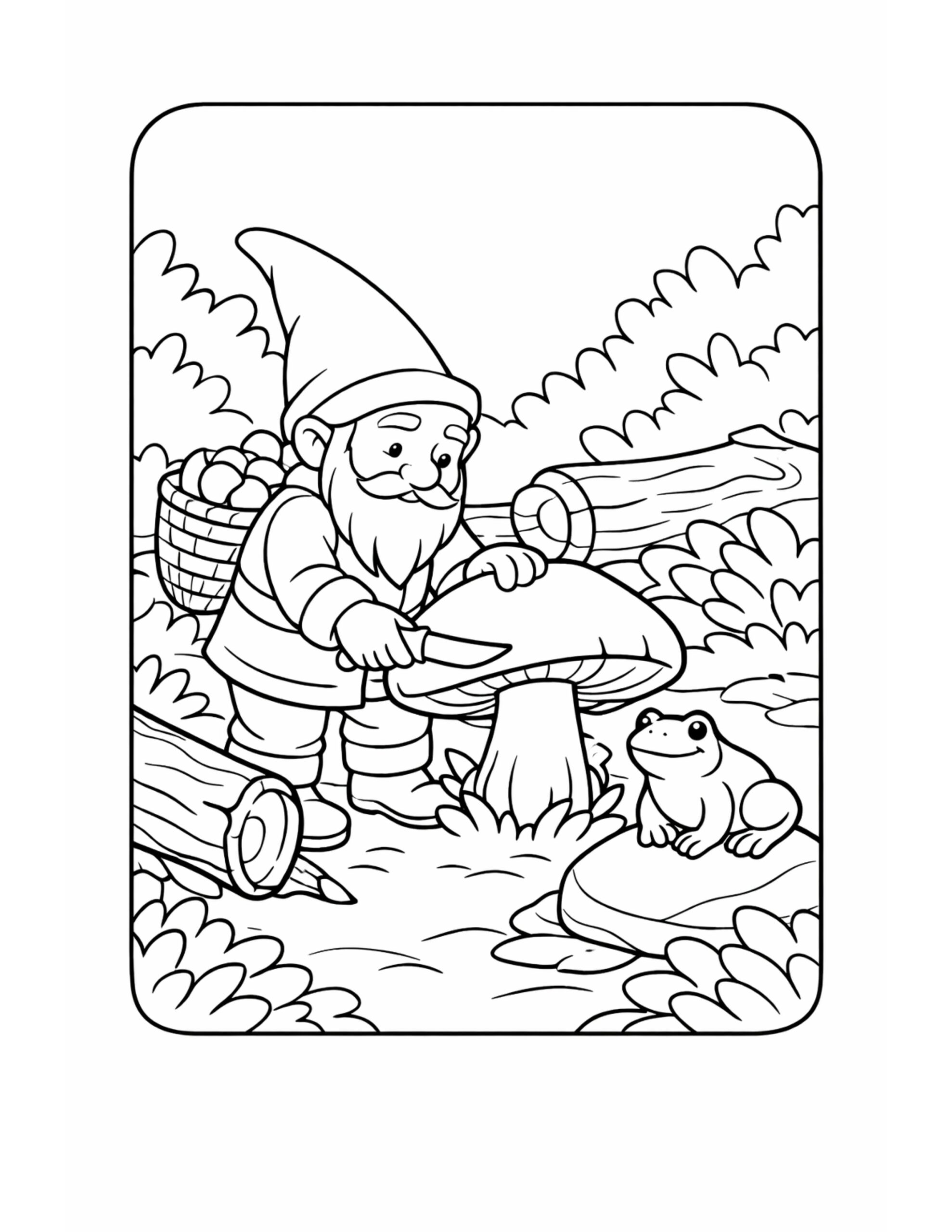 gnome cutting mushroom with frog coloring page with a basketed gnome slicing a big mushroom beside a smiling frog coloring page