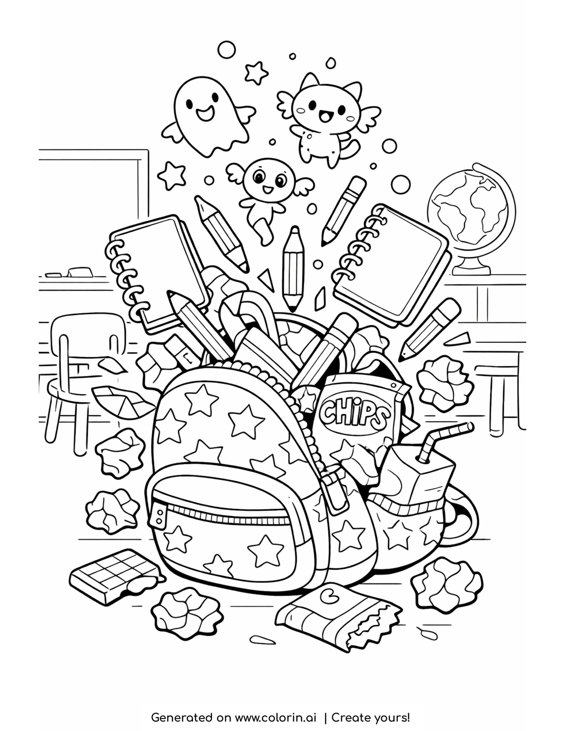 funny school coloring pages, an overstuffed star backpack bursting with notebooks, pencils, chips and snacks in a classroom