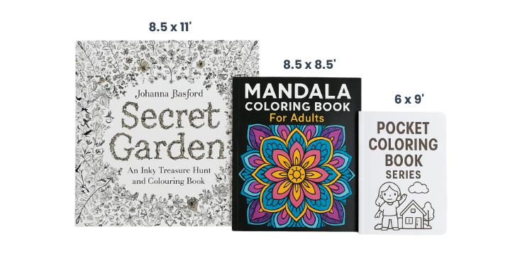 Photo of different coloring book sizes including US Letter, A4, and square format