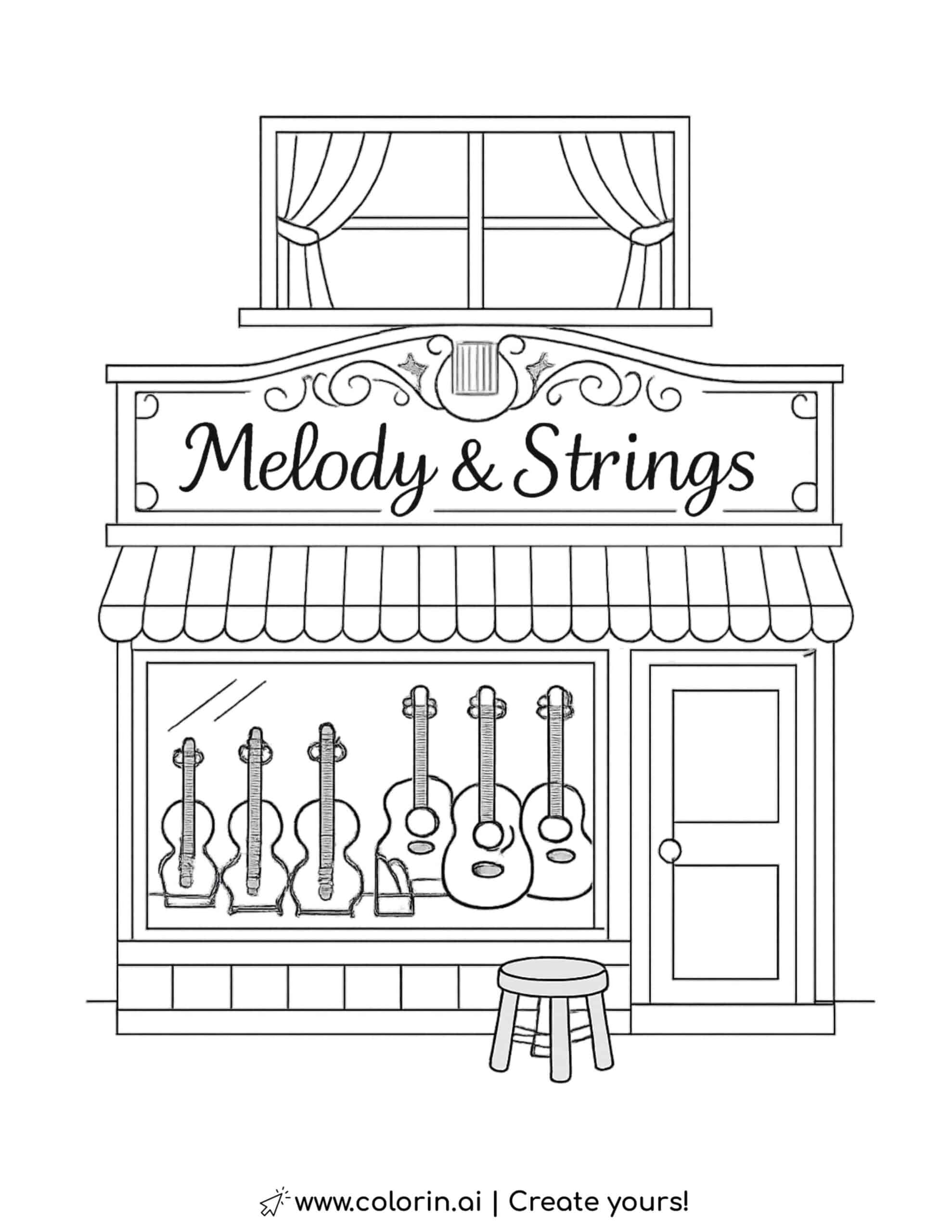 melody & strings music shop coloring page with guitars and violins in window