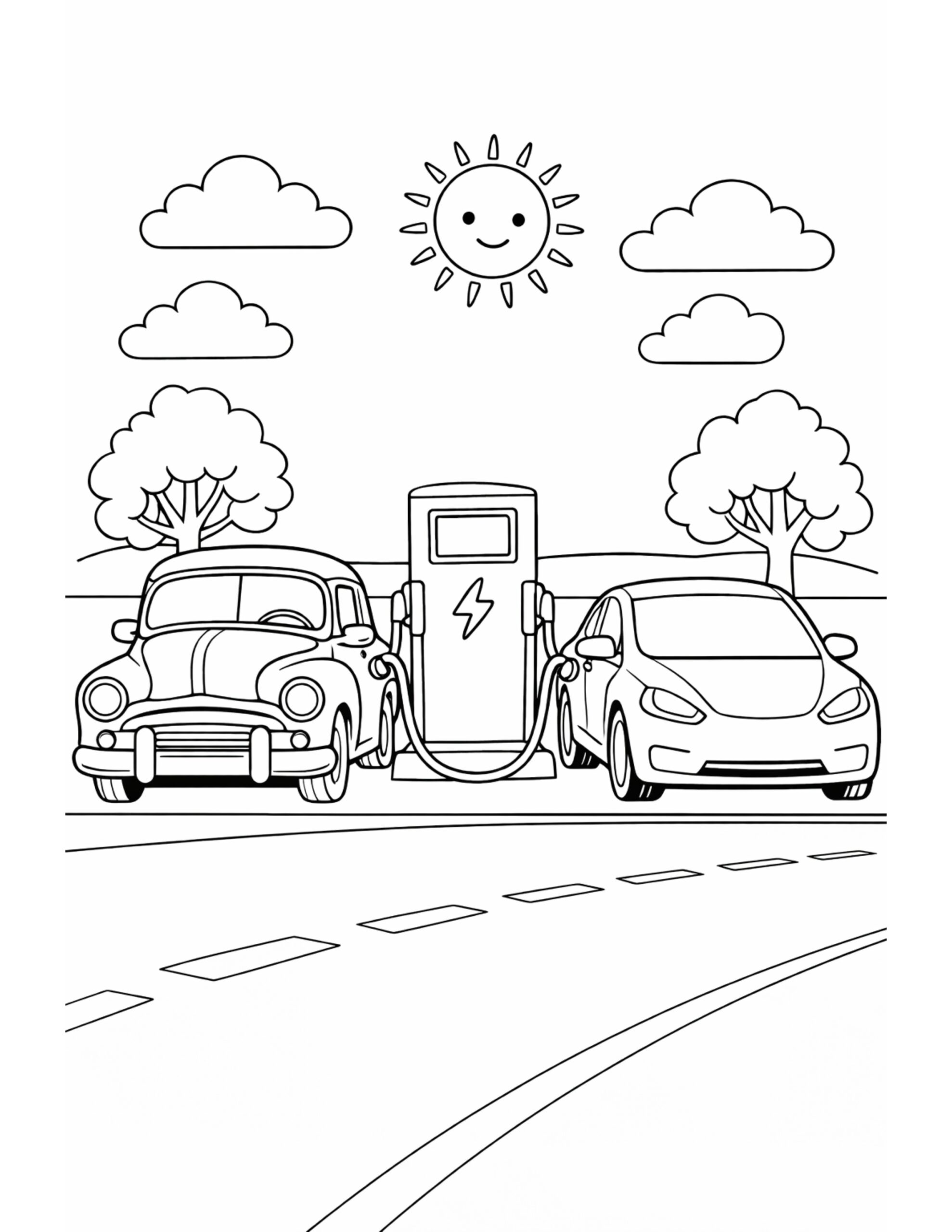 two cars at charging station coloring page with a smiling sun, clouds, trees, and an electric charger coloring page