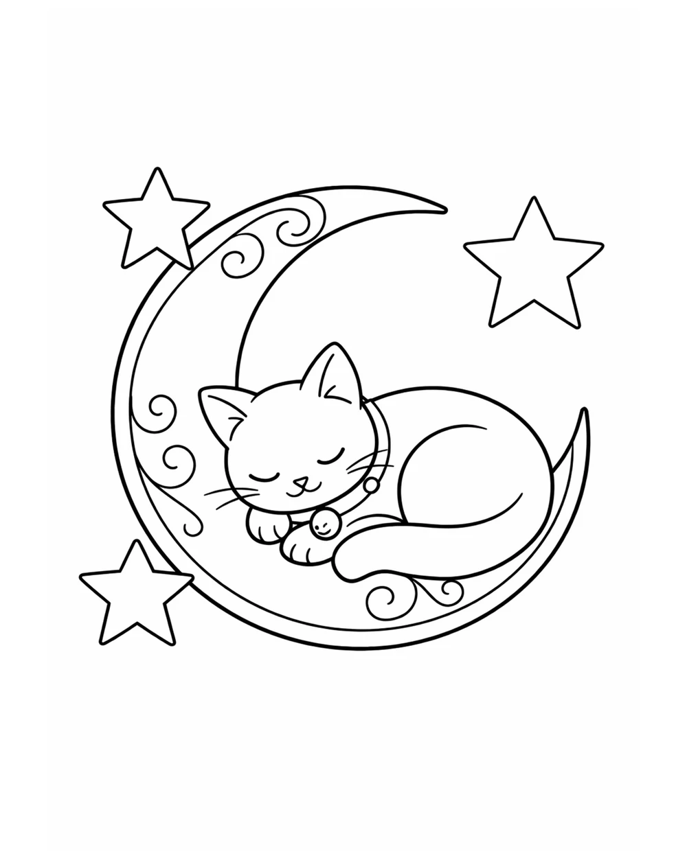 Bold and easy coloring page of a black cat curled inside a crescent moon, large shapes, easy difficulty