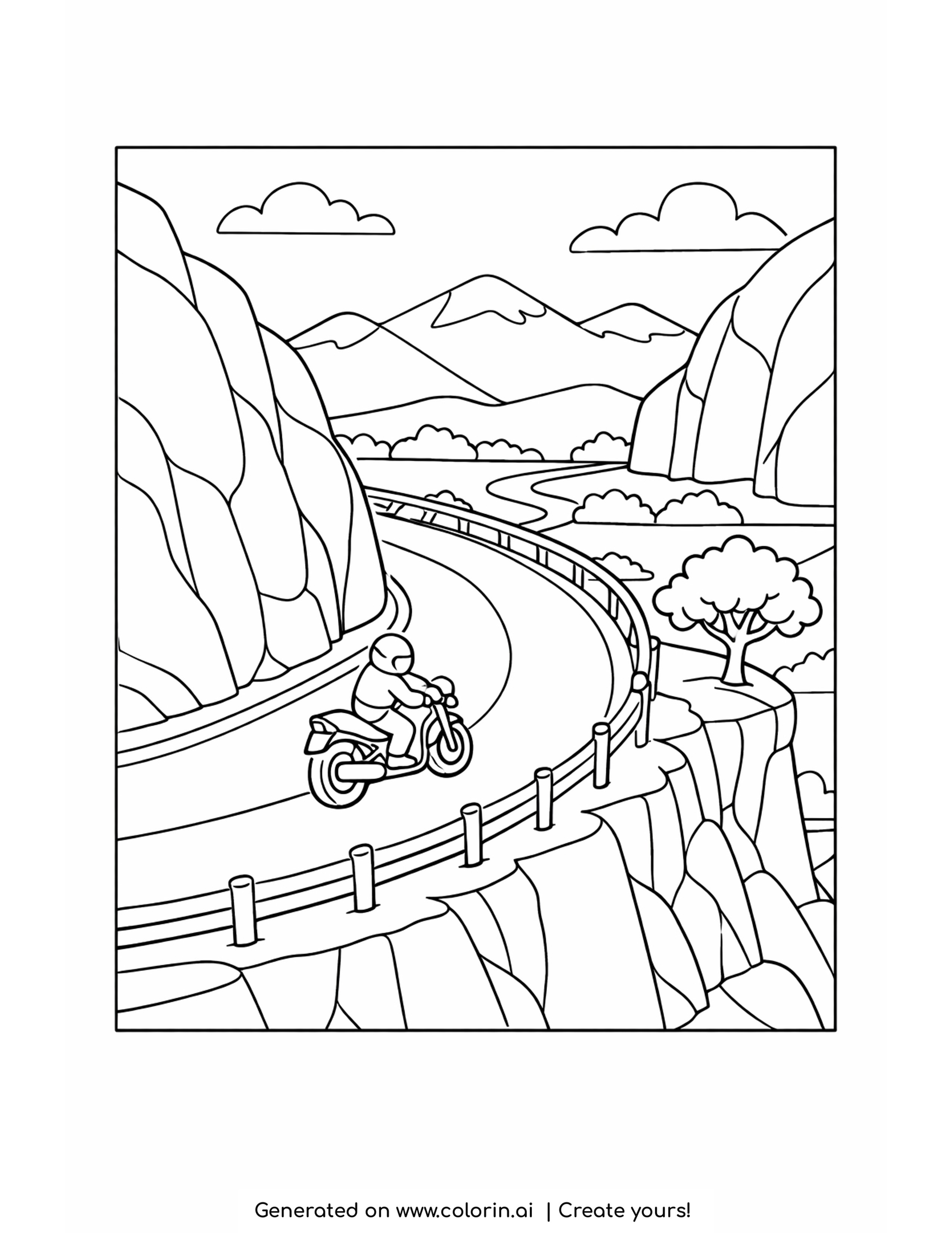 road coloring pages - winding road curling up the page between rock walls with a guard rail and a valley below