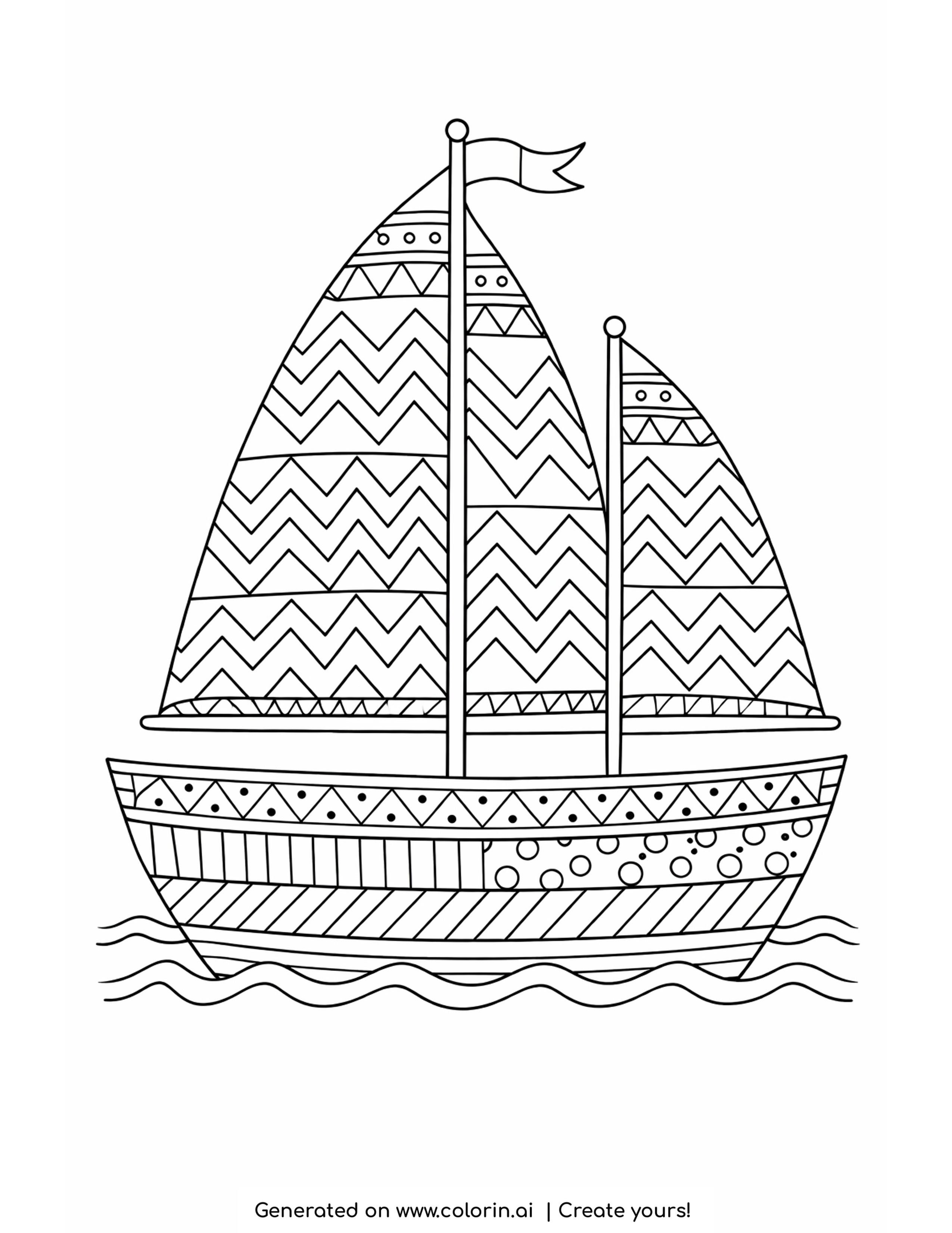 patterned sailboat coloring pages — sailboat with zigzag patterned sails and four banded designs down the hull