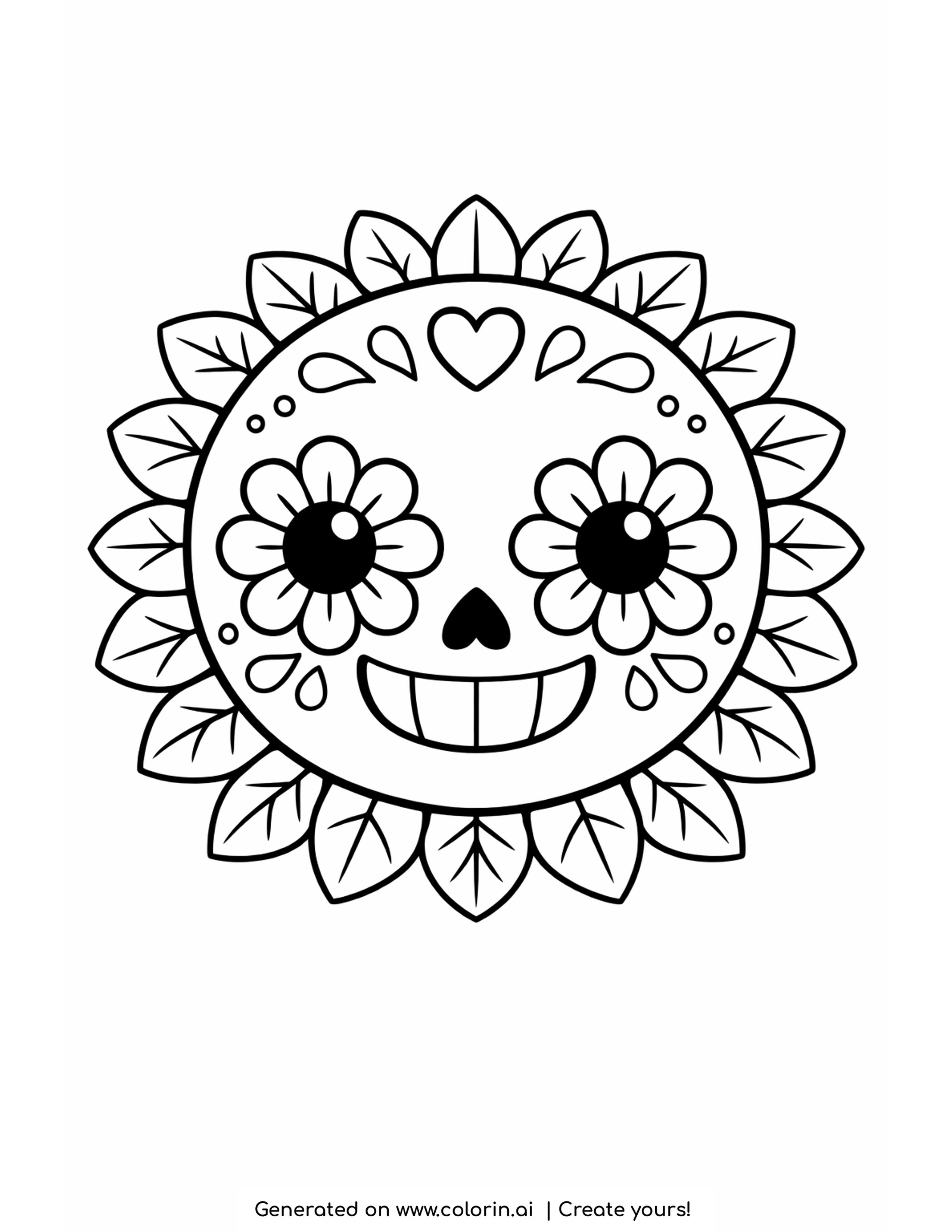 sugar skull coloring pages, round smiling calavera with flower eyes and a heart on the forehead inside a ring of petals