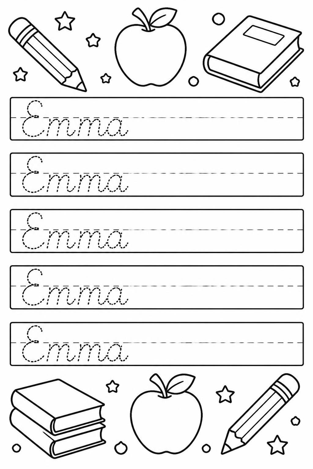 A cursive practice worksheet with Emma in dotted cursive at the start of five rows, with pencils, apples and books