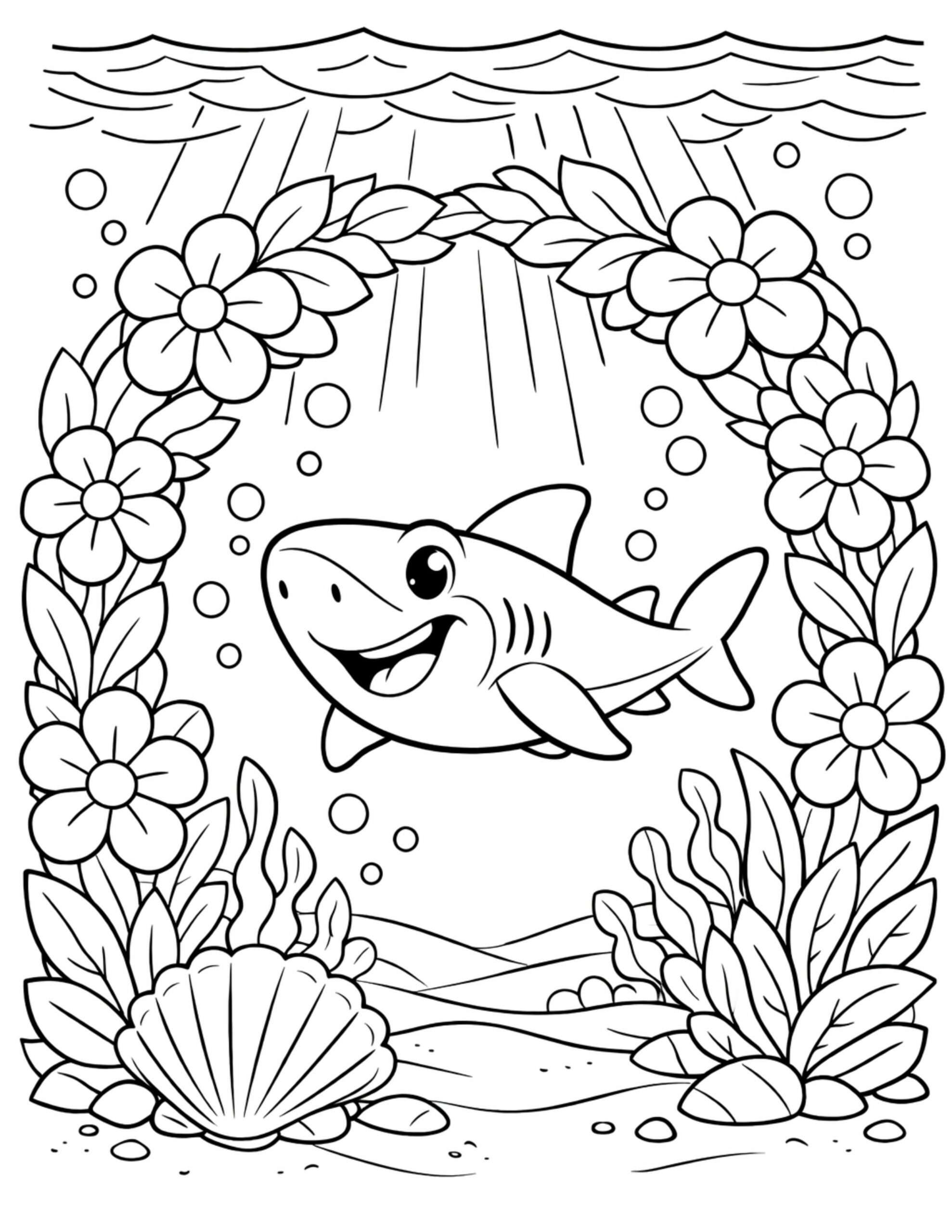 happy shark in flower frame coloring page with underwater bubbles, sun rays, and a seashell