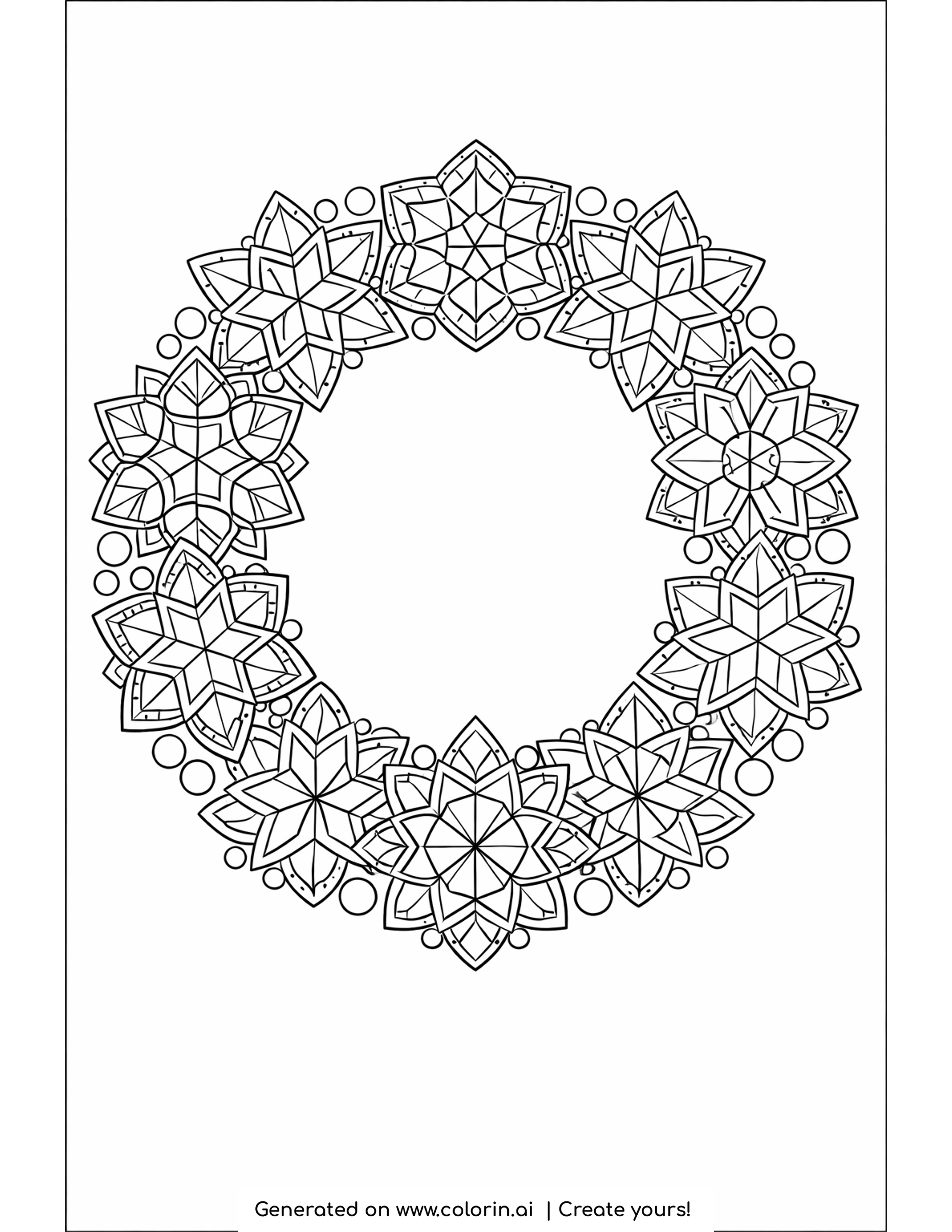 snowflake coloring pages, a round wreath built from geometric snowflakes and stars