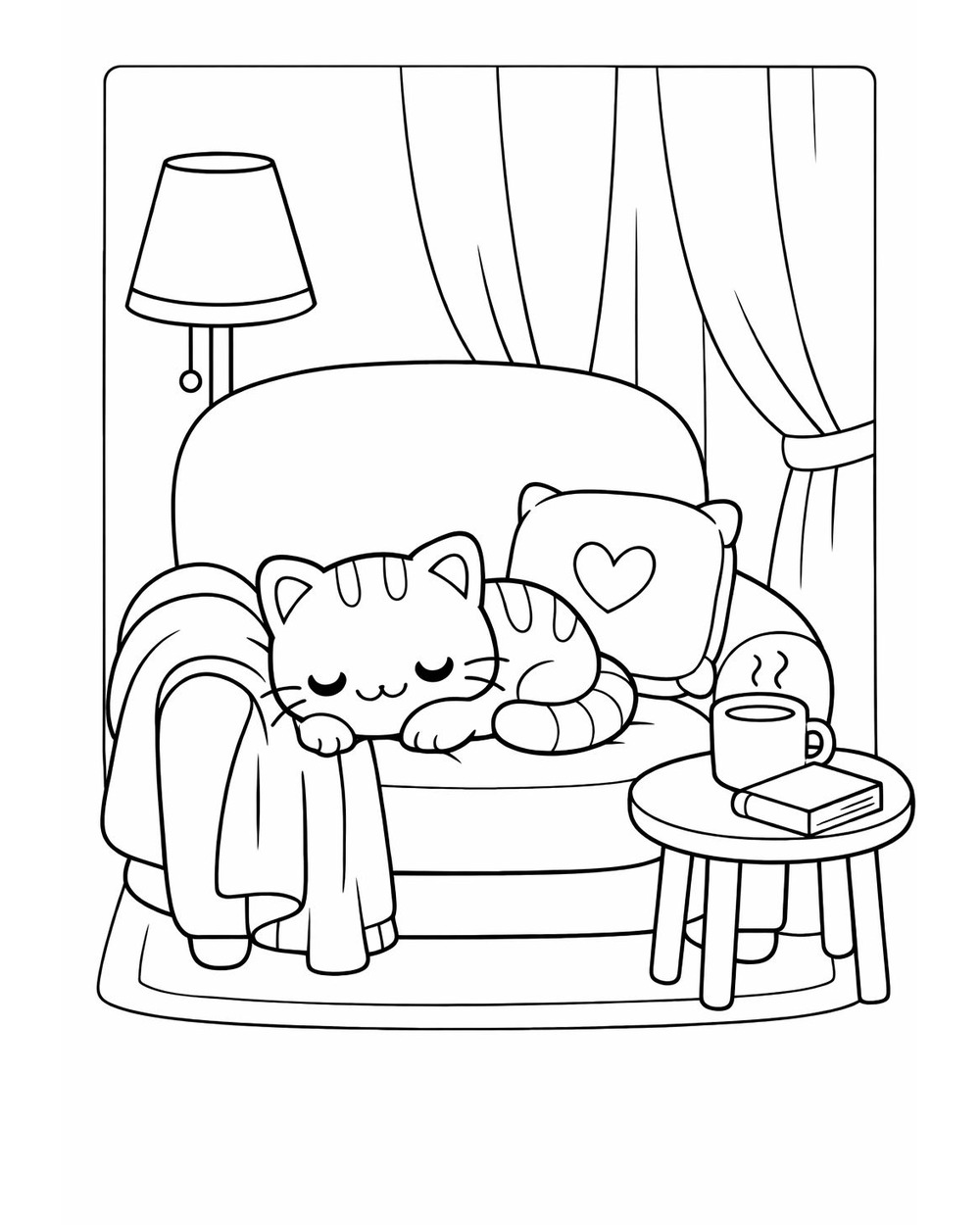 Sleeping kitten on a cozy armchair coloring page