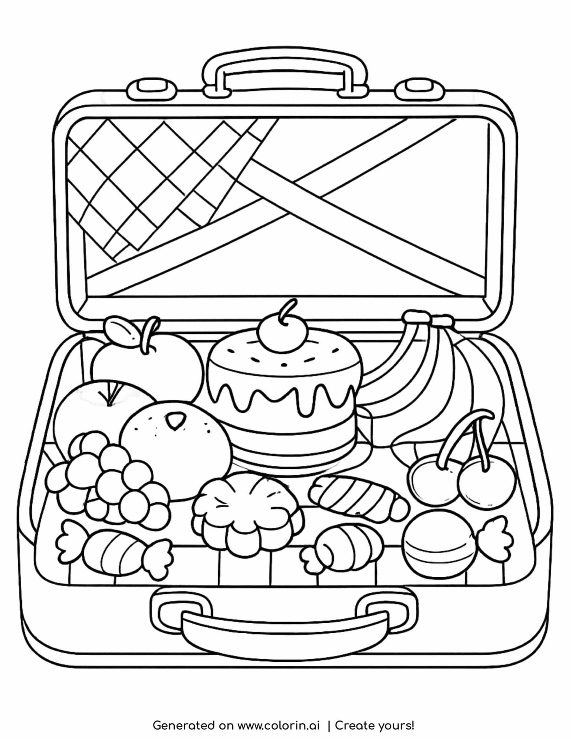 open suitcase with cake fruits and candies picnic coloring page