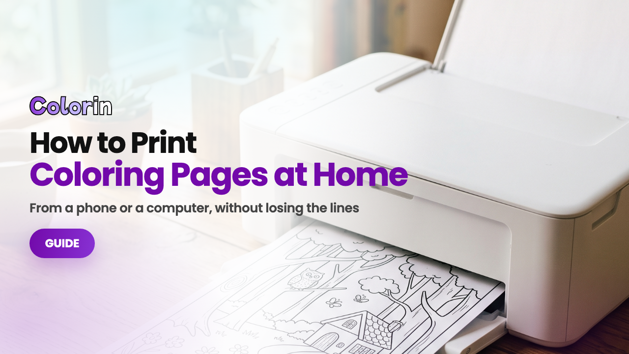 How to Print Coloring Pages at Home: a home printer feeding out a coloring page