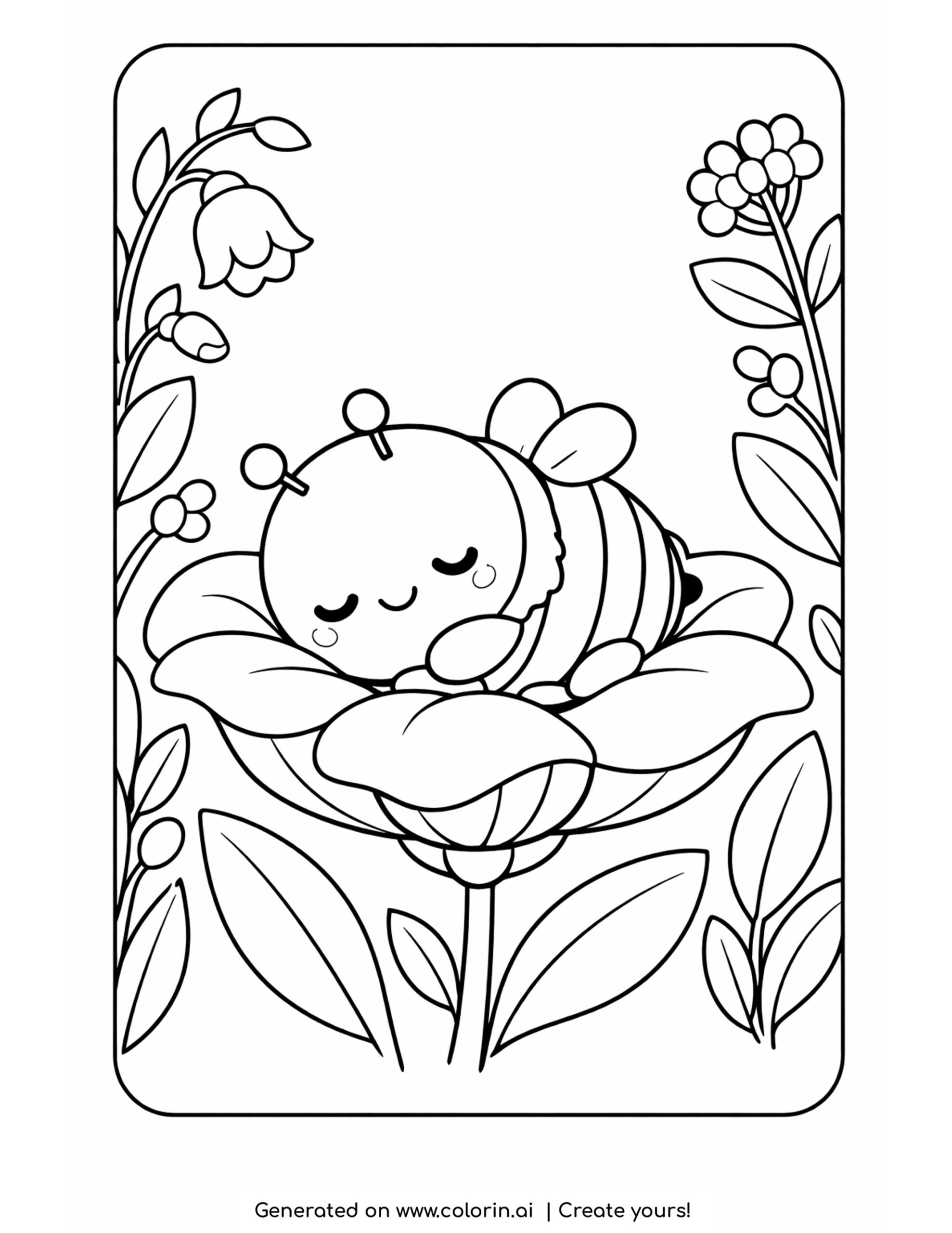 bee coloring pages, a kawaii bee napping on a large flower petal