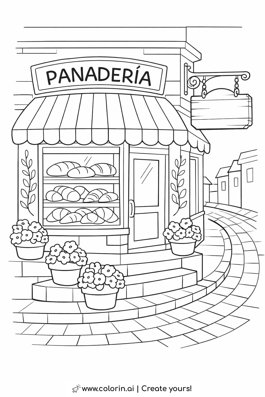 corner bakery with striped awning coloring page featuring bread display and flower pots coloring page