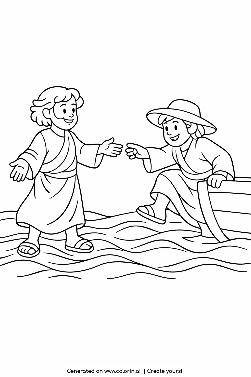 bible stories coloring pages, Jesus walking on water reaching a hand toward Peter on the gentle waves