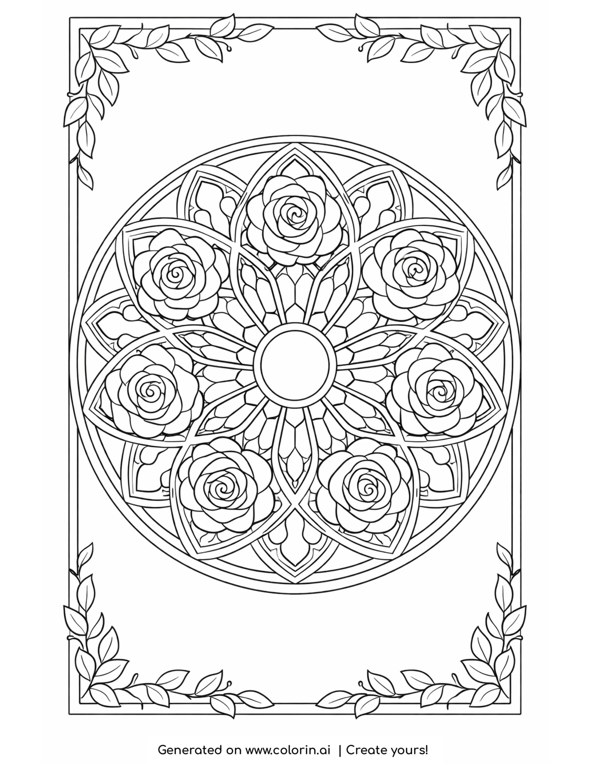 gothic coloring pages, an ornate circular cathedral rose window with symmetrical roses and a leafy border