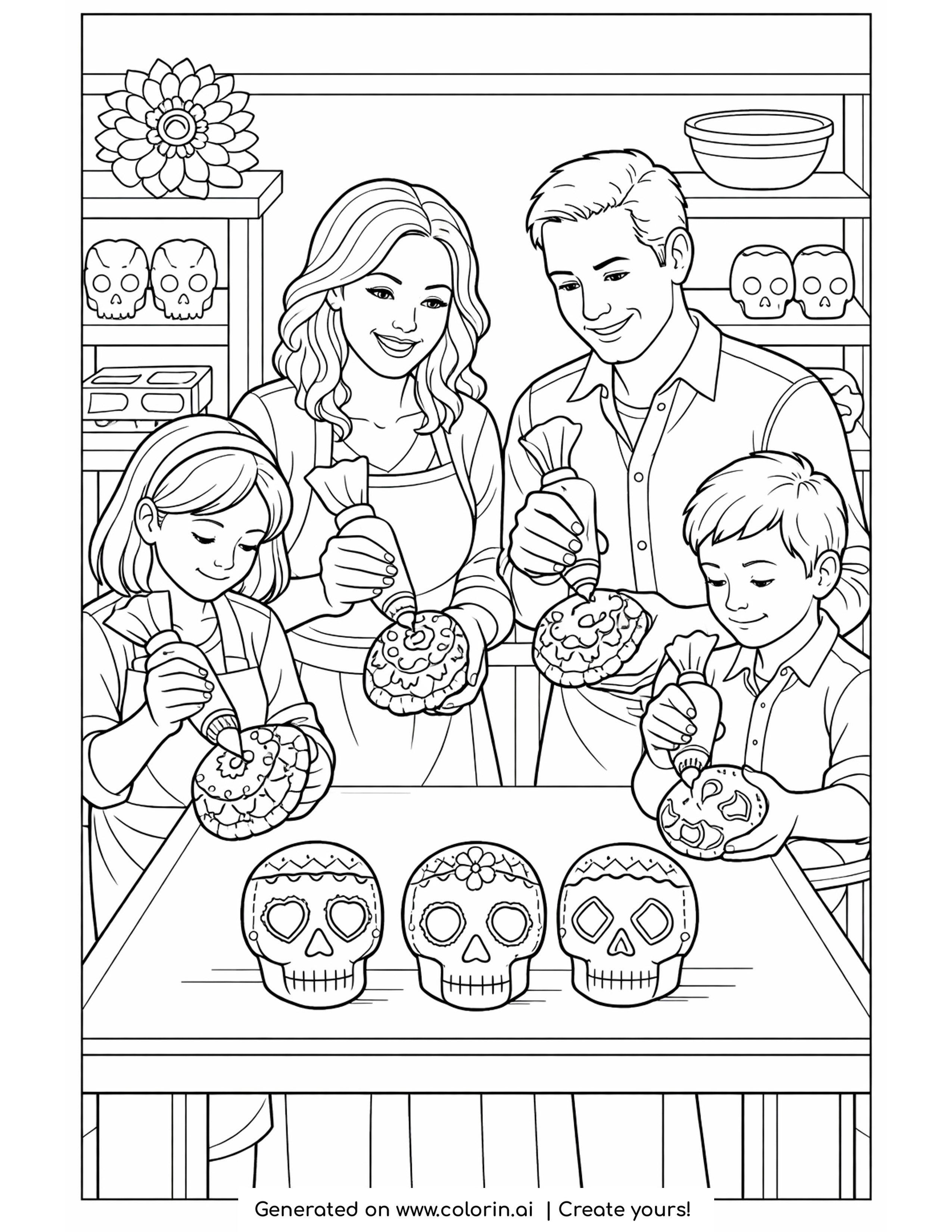 making sugar skulls coloring pages, family at a table piping icing onto sugar skulls with shelves of moulds behind