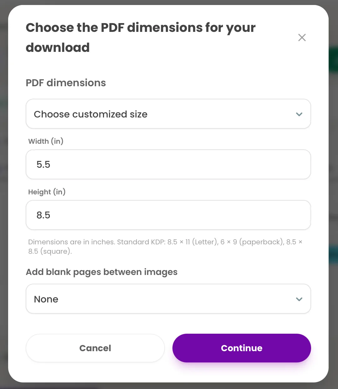 The Colorin AI download screen for a book, with a customized size of 5.5 by 8.5 inches typed in and the standard KDP sizes listed underneath