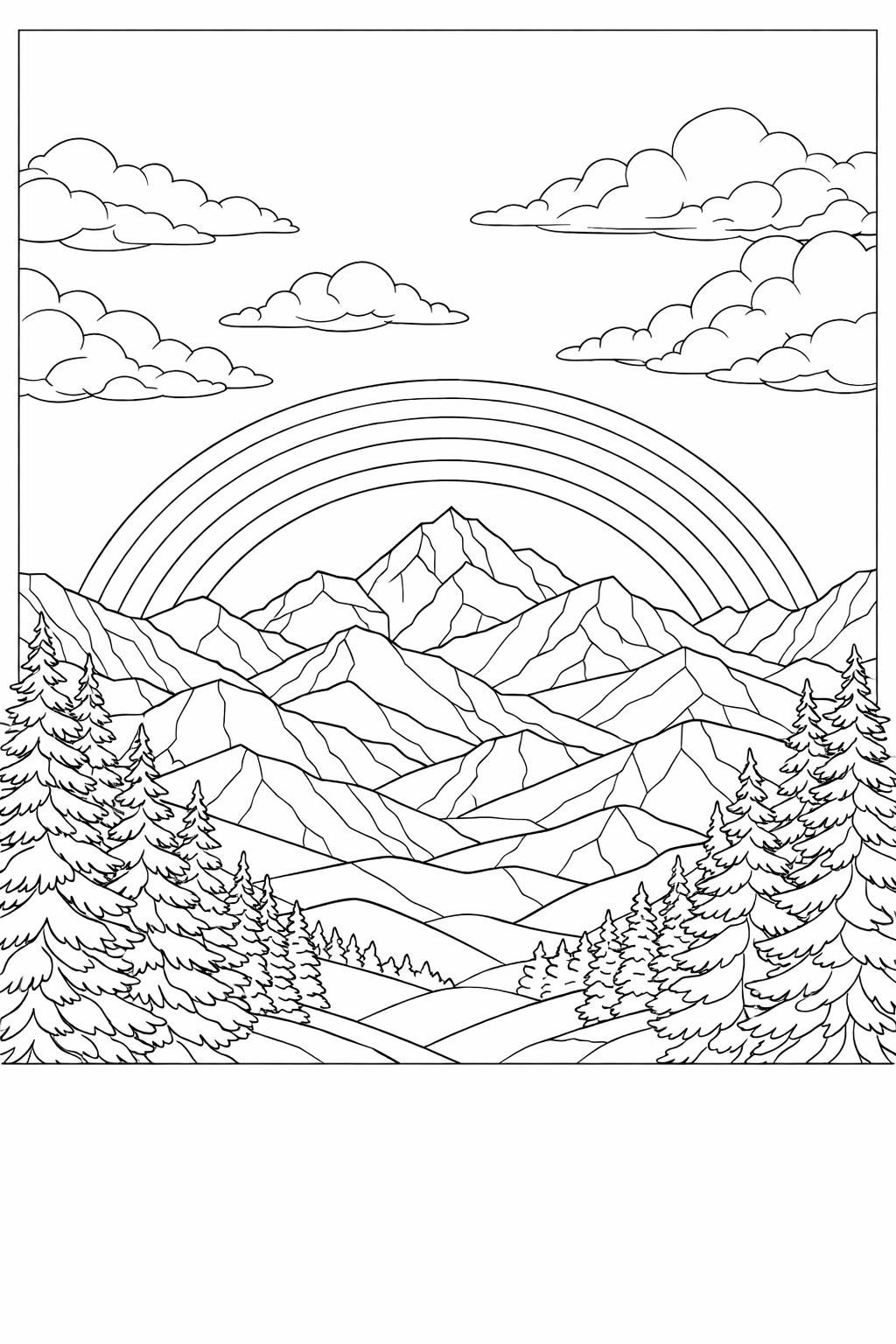 rainbow coloring pages for adults, a detailed rainbow arching over a layered mountain range with pine forests and drifting clouds