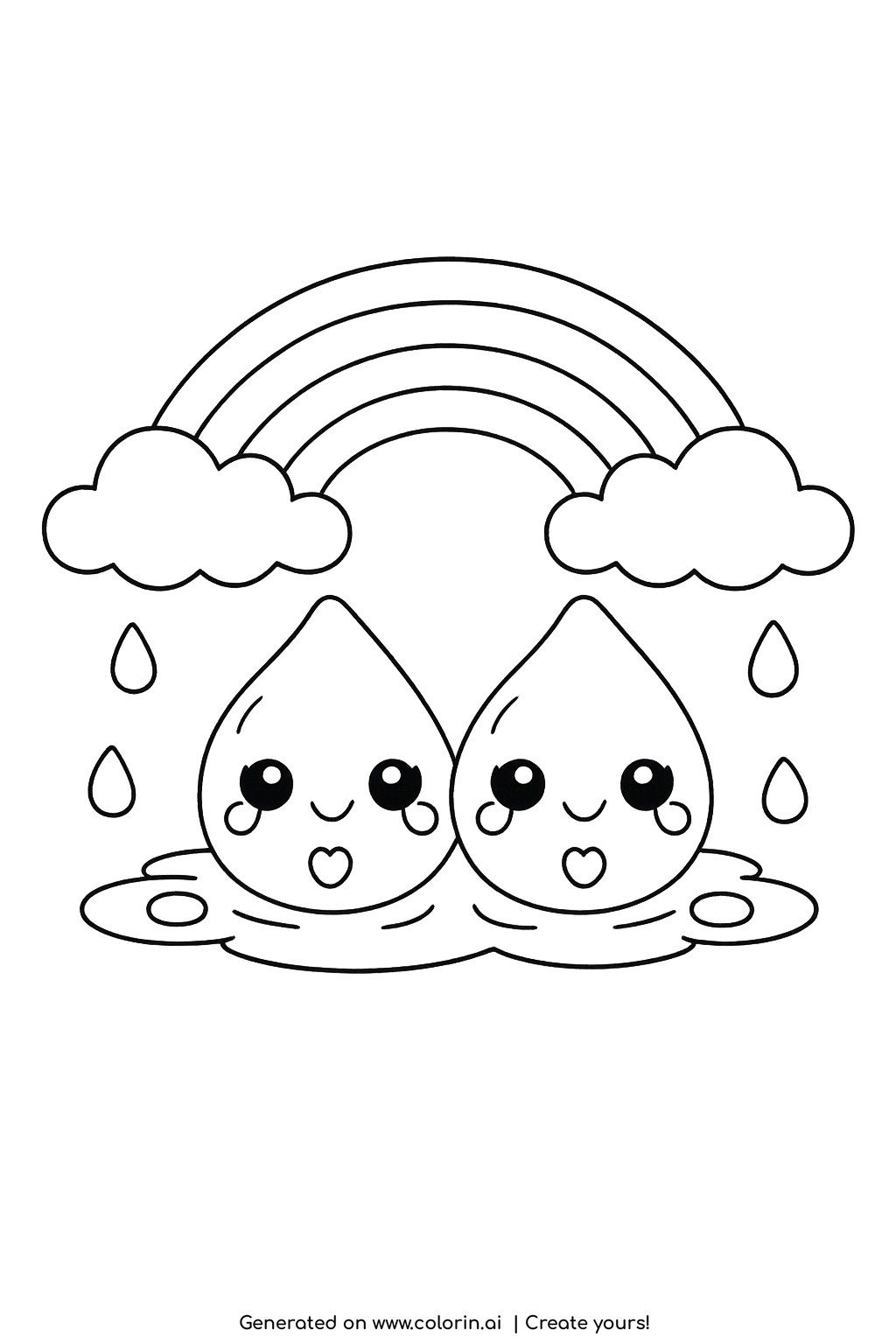 rainbow coloring pages for kids, a small cheerful rainbow above a row of round raindrops with smiling faces, drifting gently down