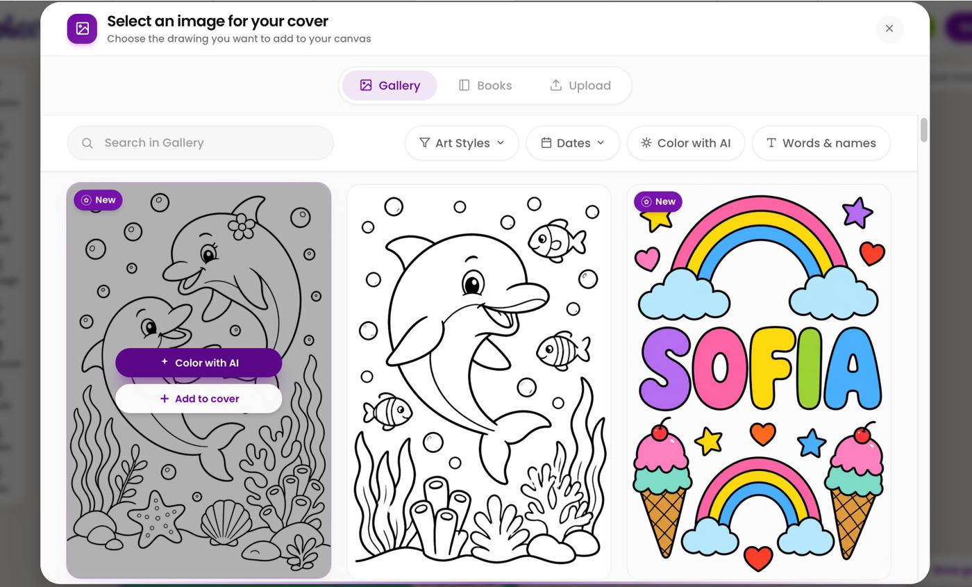 The Select an image for your cover window in Colorin AI, with Color with AI and Add to cover over a coloring page
