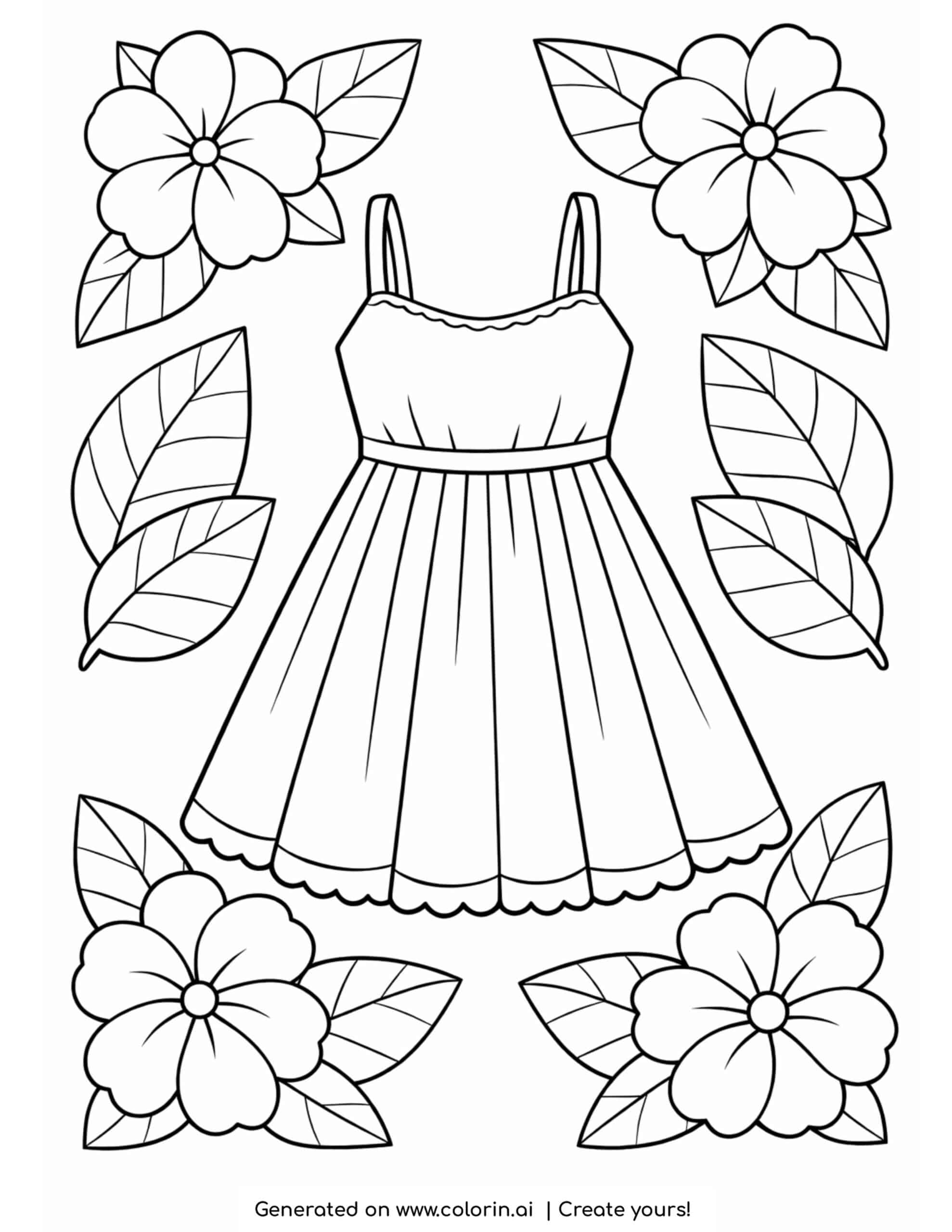 light summer dress with floral decorations and leaves coloring page