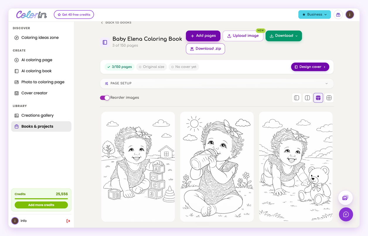 The finished Baby Elena coloring book with three pages of the same baby in different scenes
