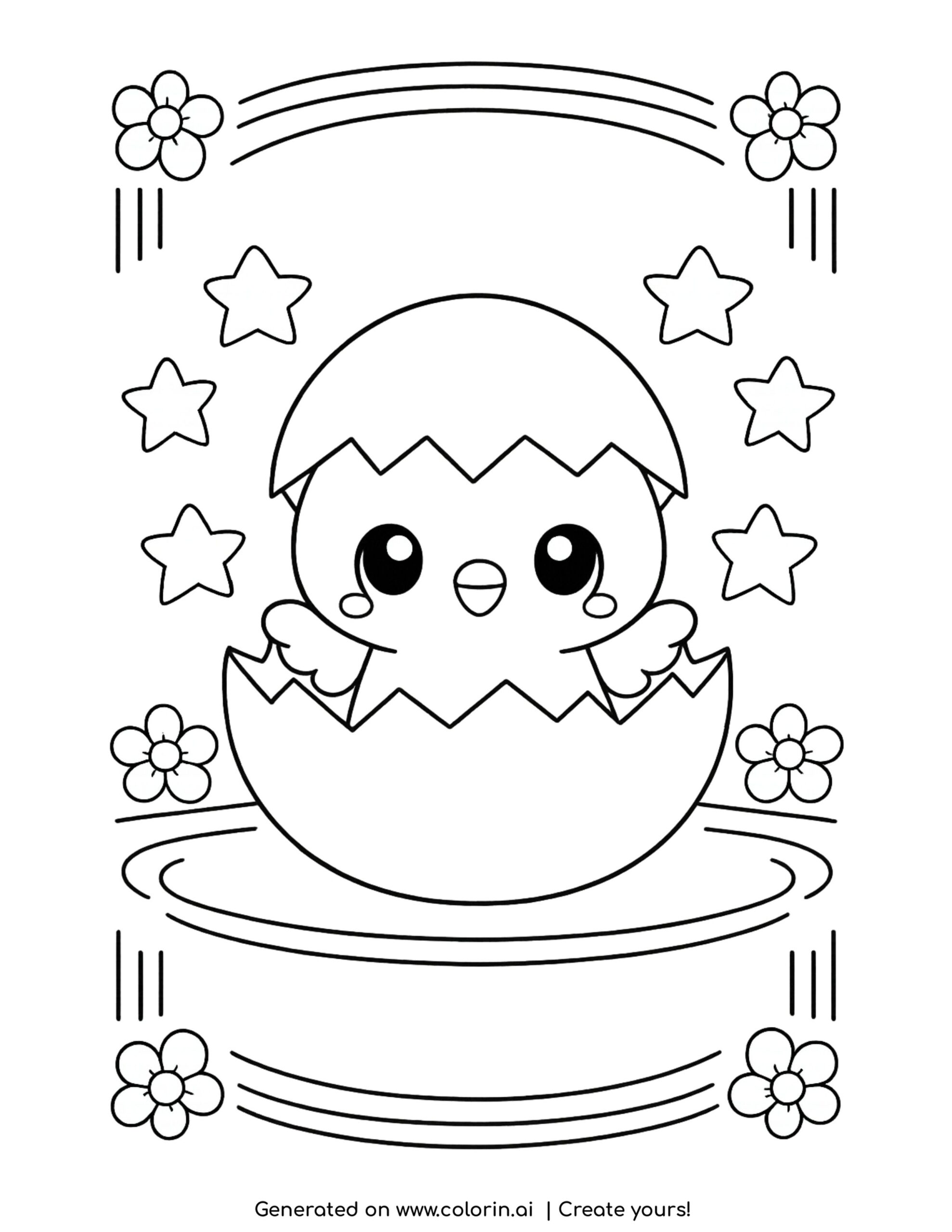 cute chick hatching from egg coloring page with stars flowers and decorative lines
