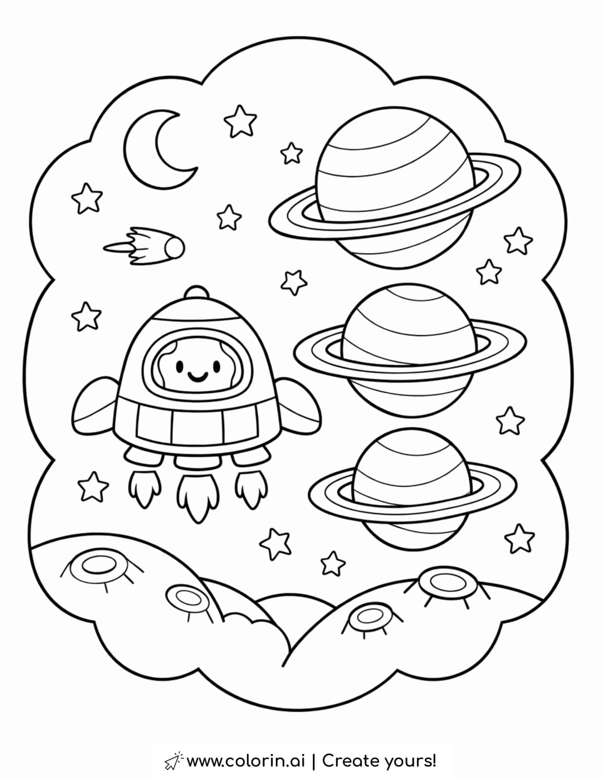 cute rocket flying among ringed planets and stars coloring page