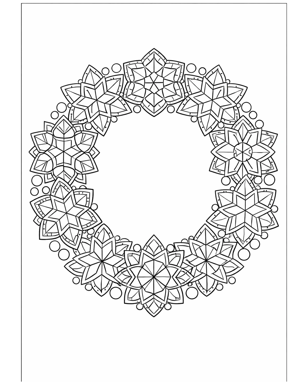 Coloring page of a wreath made of snowflakes with an open center, intermediate difficulty