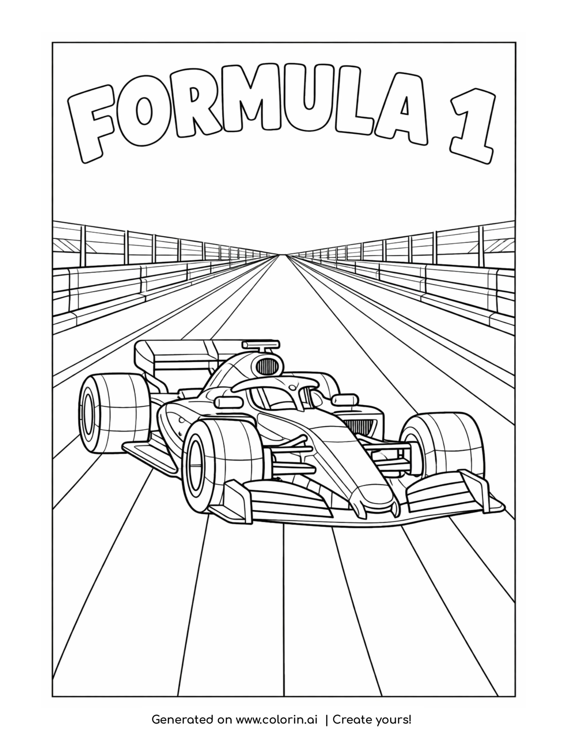 formula 1 car driving on track coloring page with sleek race car on long straight track coloring page