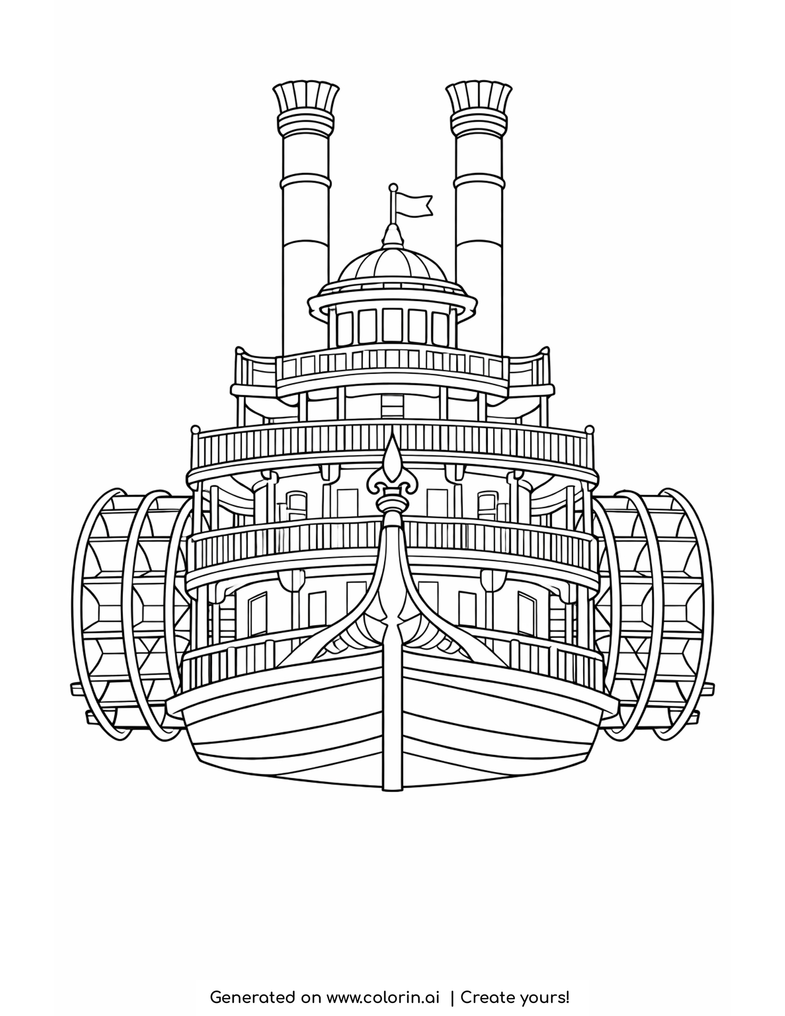 paddle steamboat coloring pages — steamboat seen head on with stacked decks, two smokestacks and a paddle wheel on each side