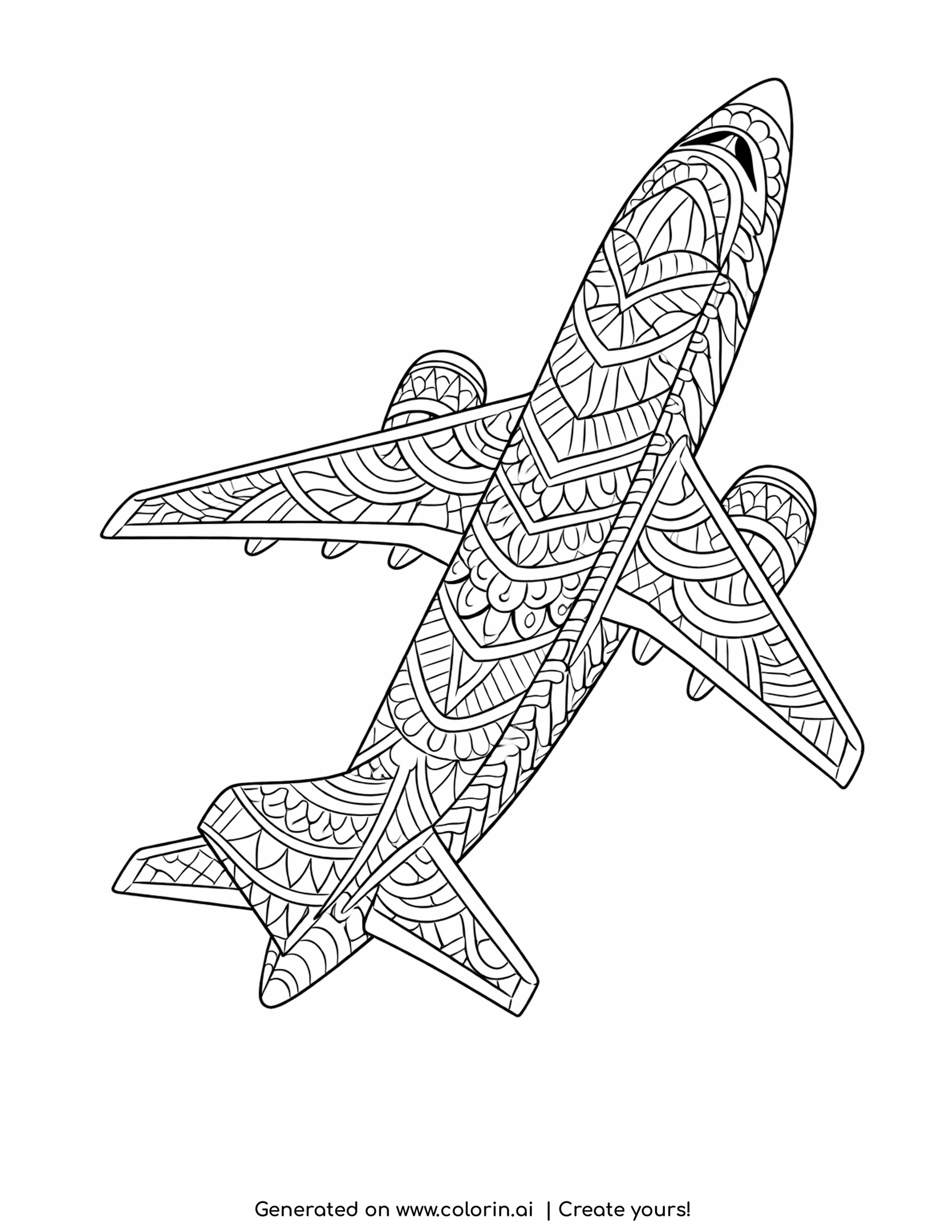 airplane mandala coloring pages — airliner from above filled with layered chevron, scale and leaf patterns