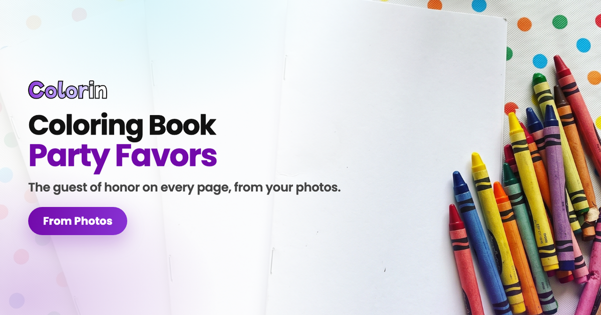 Three stapled coloring booklets on a party table beside crayons, with the guide title over them
