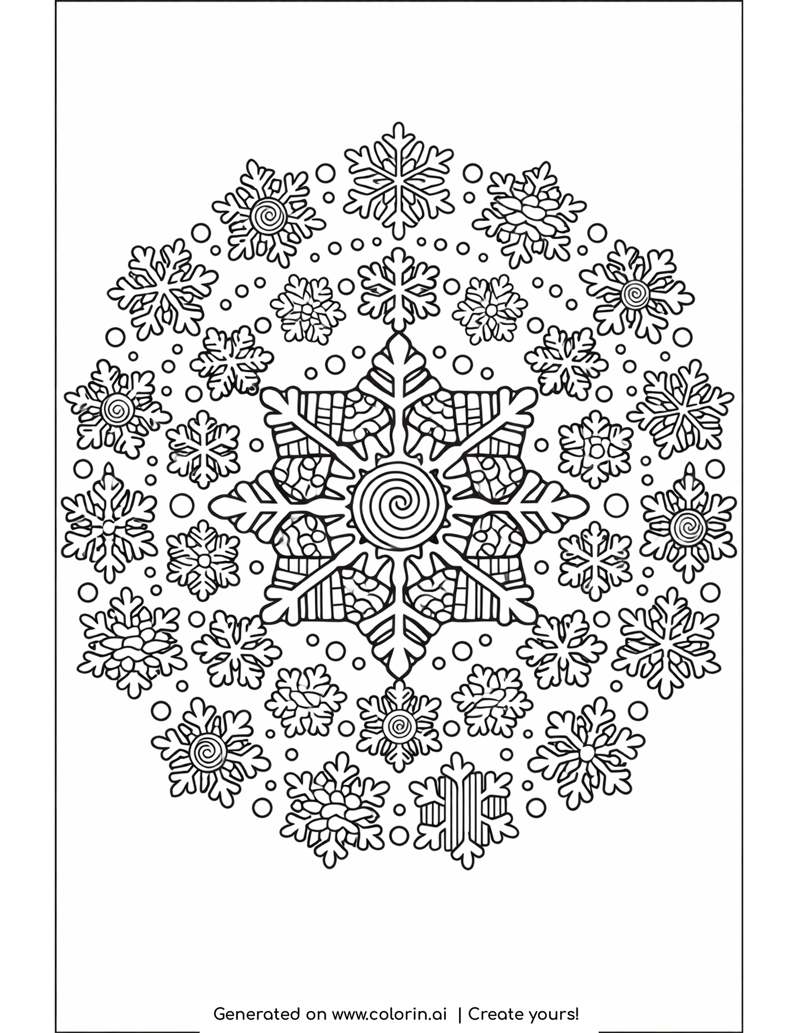 winter mandala coloring pages, a circular mandala built from many small snowflakes around a large center